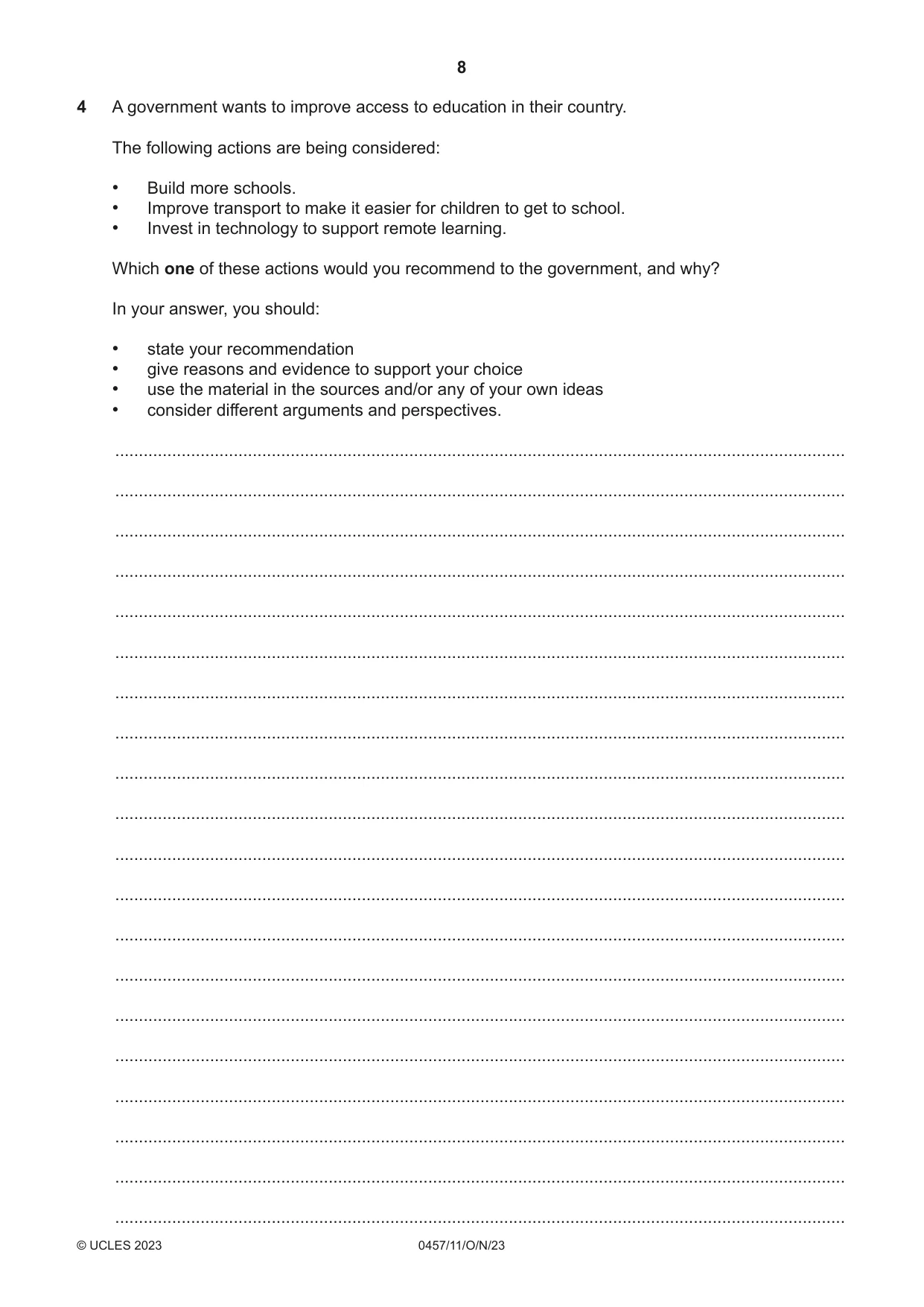 Cambridge IGCSE Global Perspectives 0457 2023 Oct/Nov Paper 1 · Variant 1 question paper, page 8 of 12