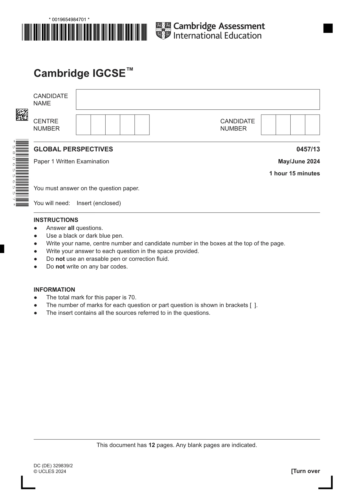 Cambridge IGCSE Global Perspectives 0457 2024 May/June Paper 1 · Variant 3 question paper, page 1 of 12