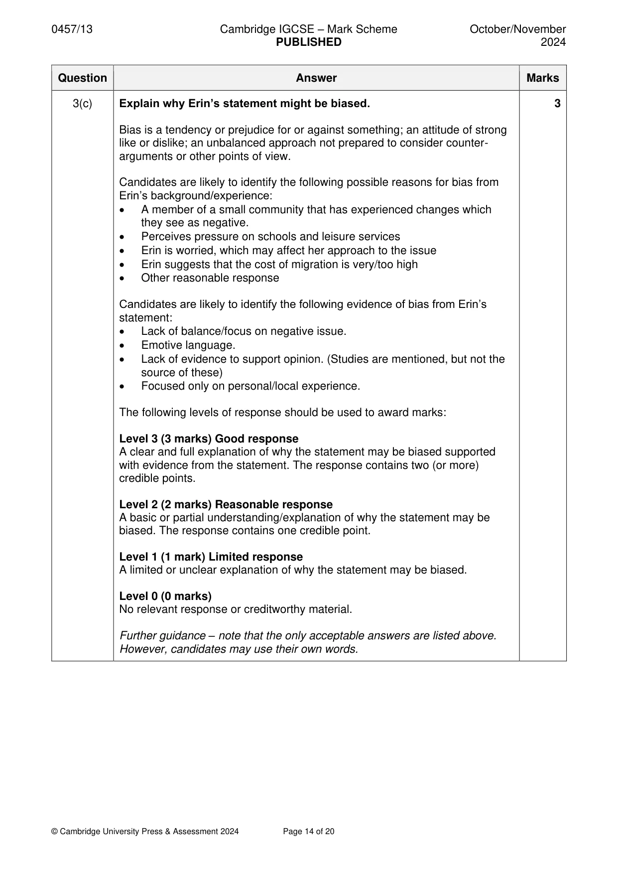 Mark scheme, page 14 of 20