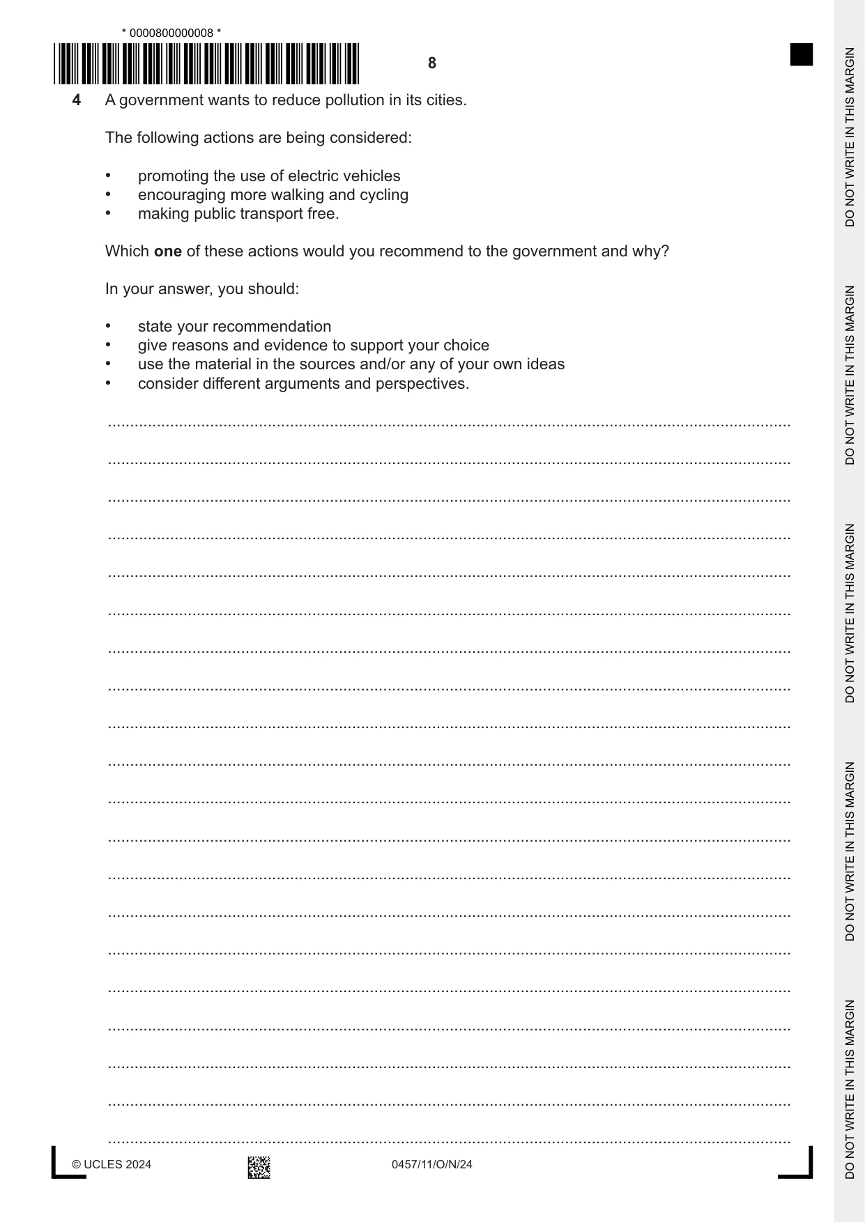 Cambridge IGCSE Global Perspectives 0457 2024 Oct/Nov Paper 1 · Variant 1 question paper, page 8 of 12