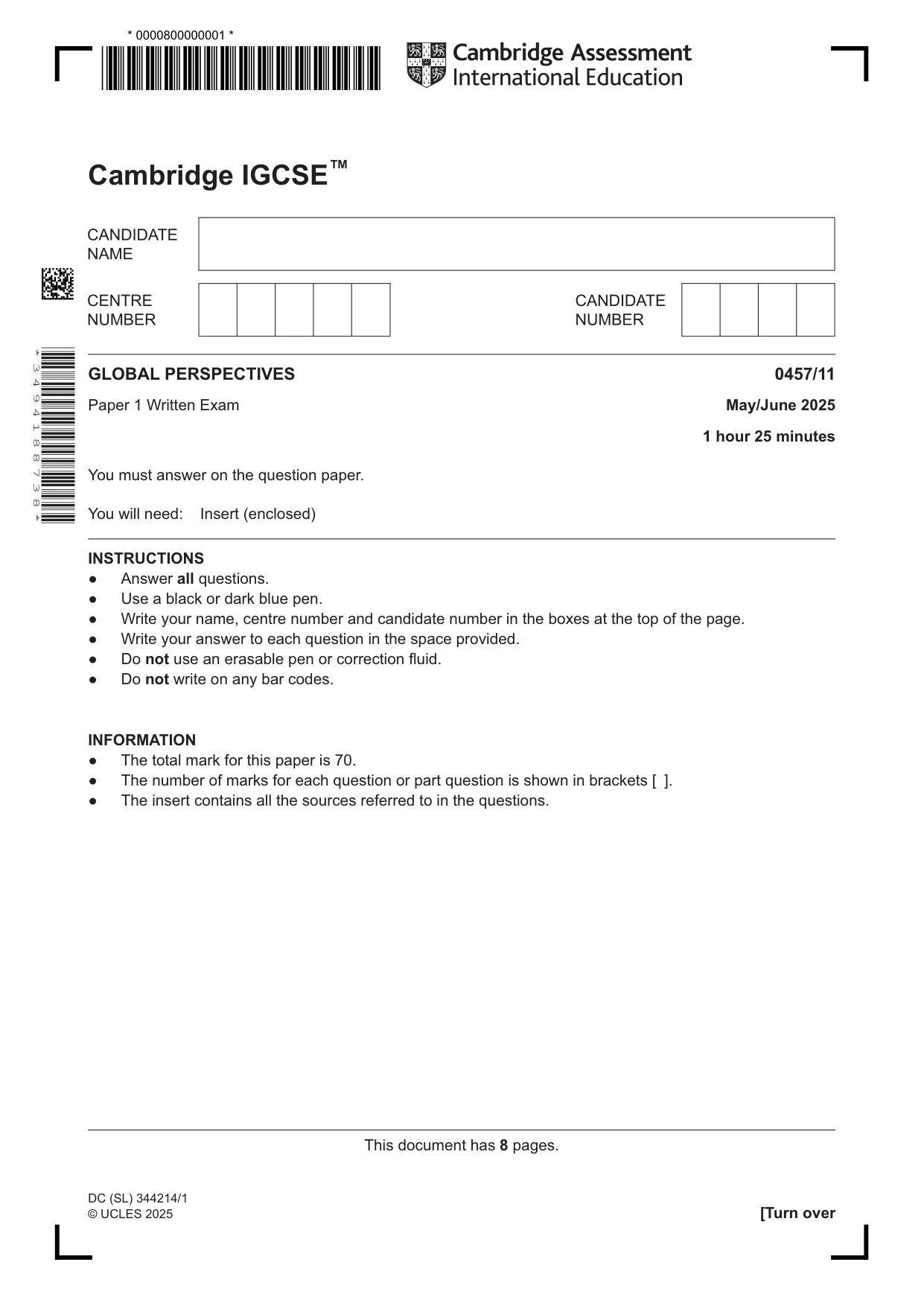 Cambridge IGCSE Global Perspectives 0457 2025 May/June Paper 1 · Variant 1 question paper, page 1 of 8