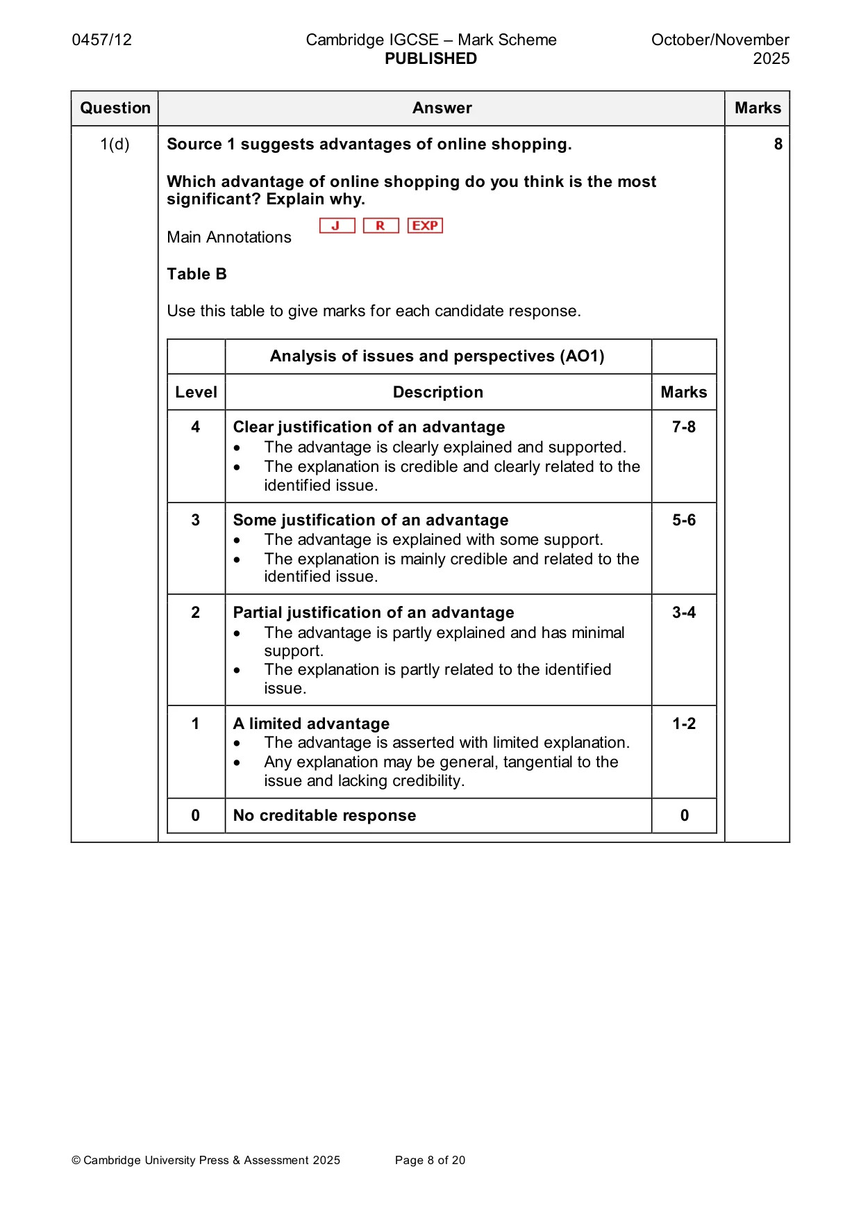 Mark scheme, page 8 of 20