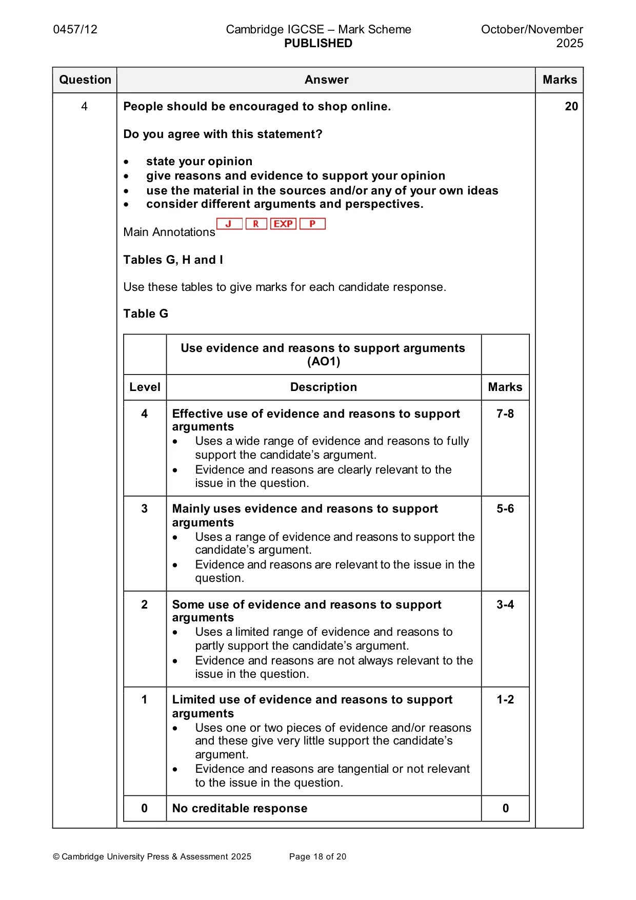 Mark scheme, page 18 of 20