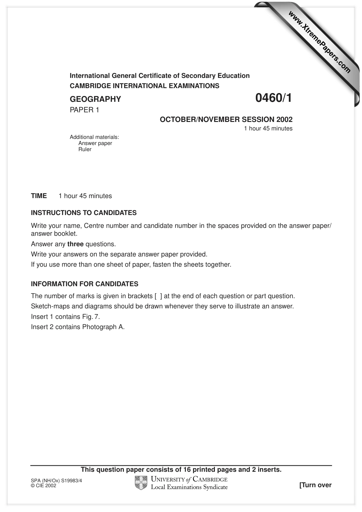 Cambridge IGCSE Geography 0460 2002 Oct/Nov Paper 1 · Variant 1 question paper, page 1 of 16