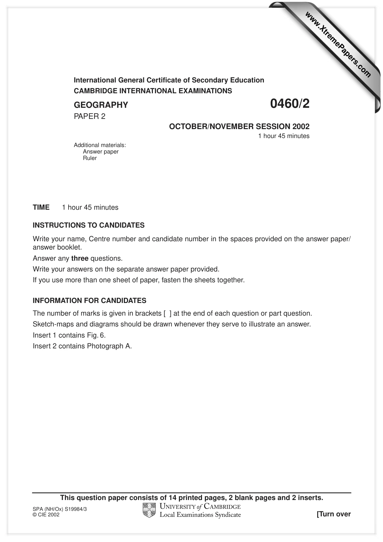 Cambridge IGCSE Geography 0460 2002 Oct/Nov Paper 2 · Variant 1 question paper, page 1 of 16