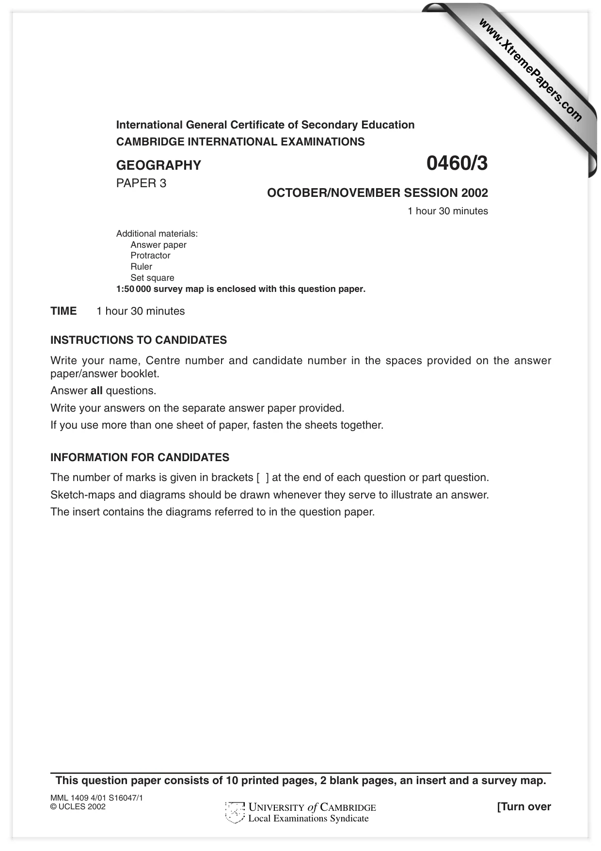 Cambridge IGCSE Geography 0460 2002 Oct/Nov Paper 3 · Variant 1 question paper, page 1 of 12