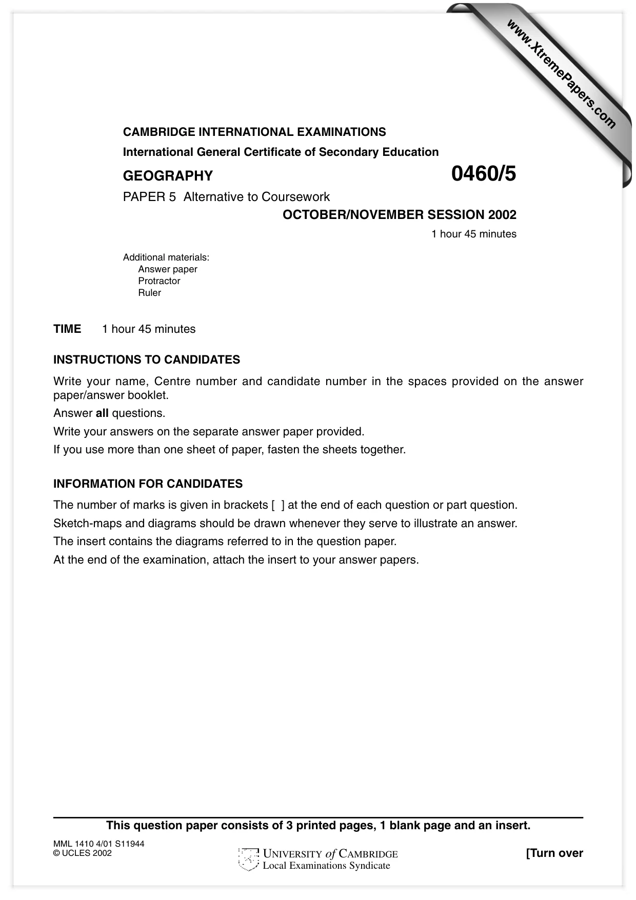 Cambridge IGCSE Geography 0460 2002 Oct/Nov Paper 5 · Variant 1 question paper, page 1 of 4