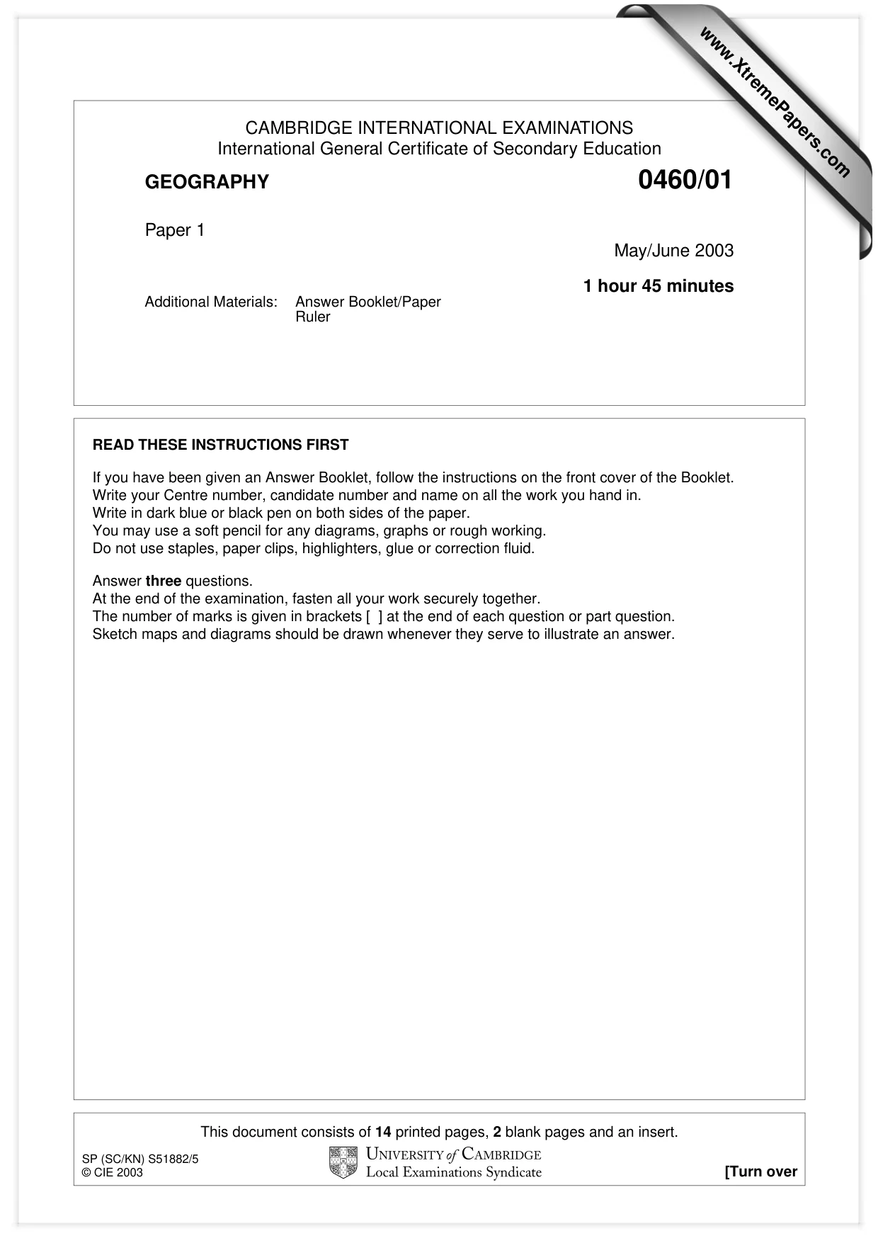 Cambridge IGCSE Geography 0460 2003 May/June Paper 1 · Variant 1 question paper, page 1 of 16