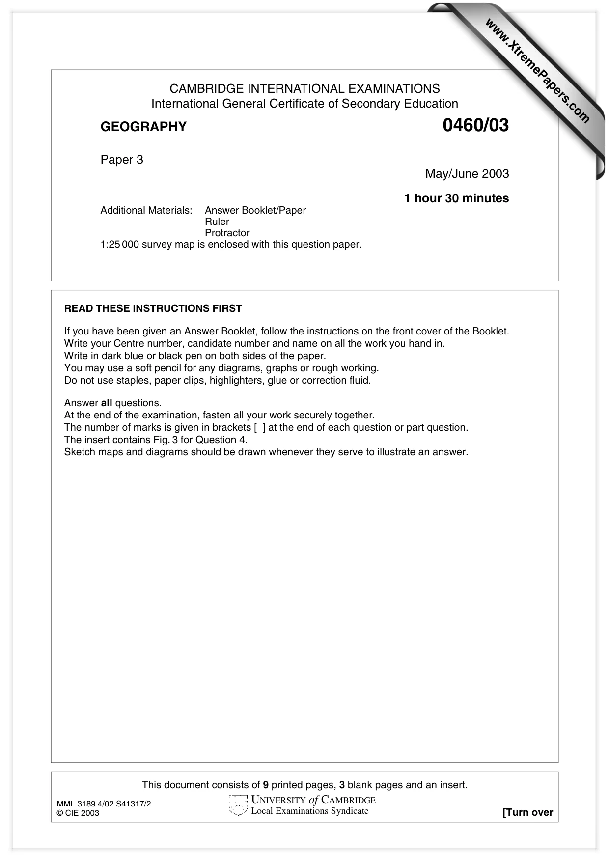 Cambridge IGCSE Geography 0460 2003 May/June Paper 3 · Variant 1 question paper, page 1 of 12