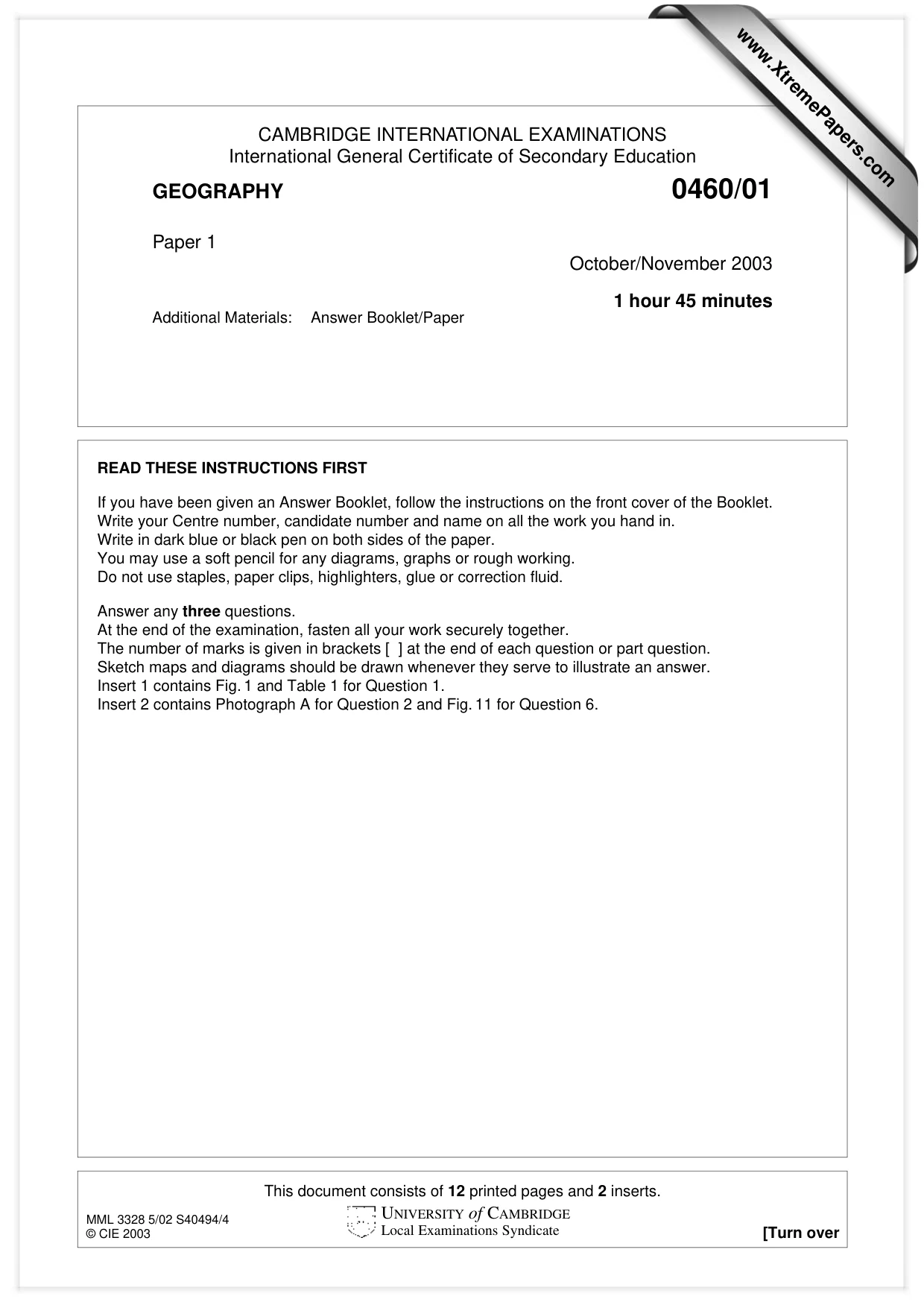 Cambridge IGCSE Geography 0460 2003 Oct/Nov Paper 1 · Variant 1 question paper, page 1 of 12