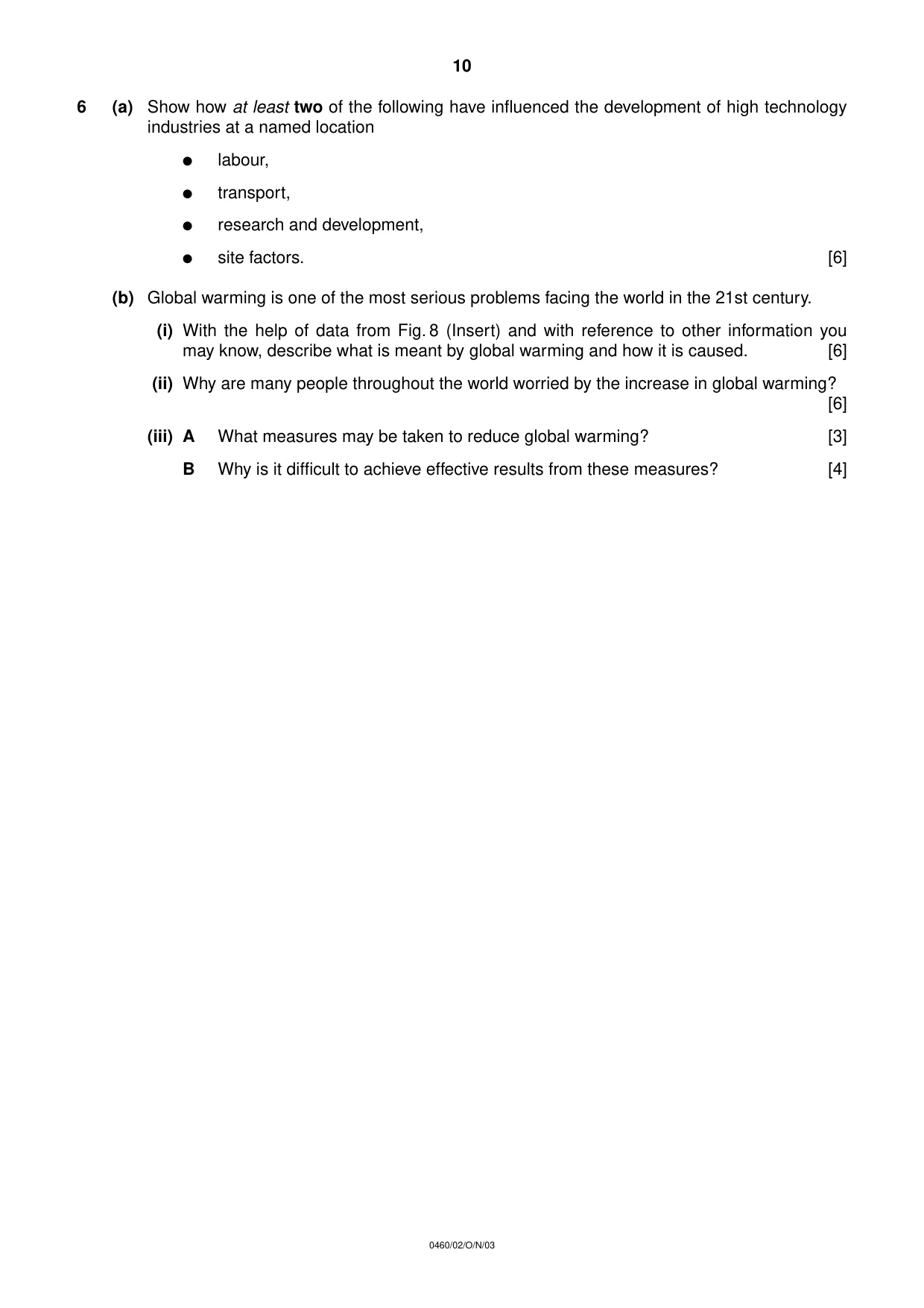 Cambridge IGCSE Geography 0460 2003 Oct/Nov Paper 2 · Variant 1 question paper, page 10 of 12