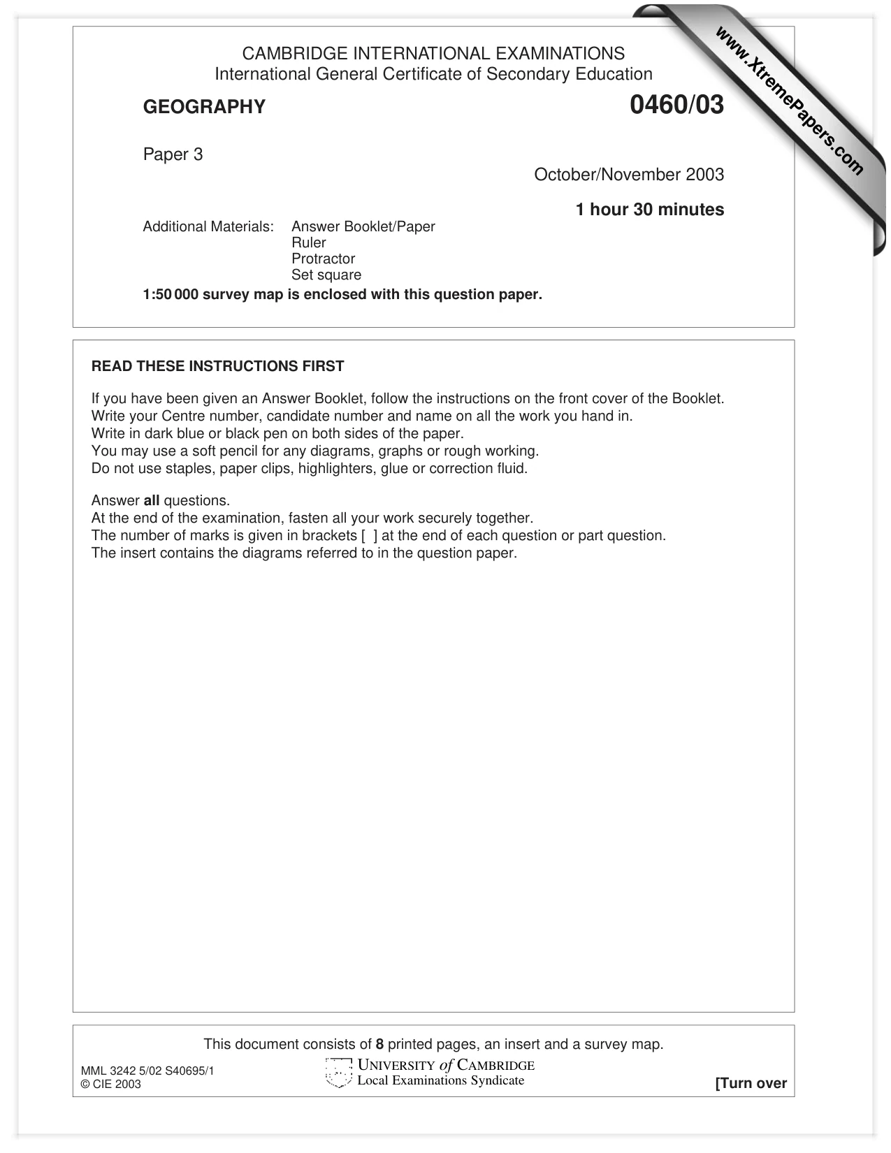 Cambridge IGCSE Geography 0460 2003 Oct/Nov Paper 3 · Variant 1 question paper, page 1 of 8