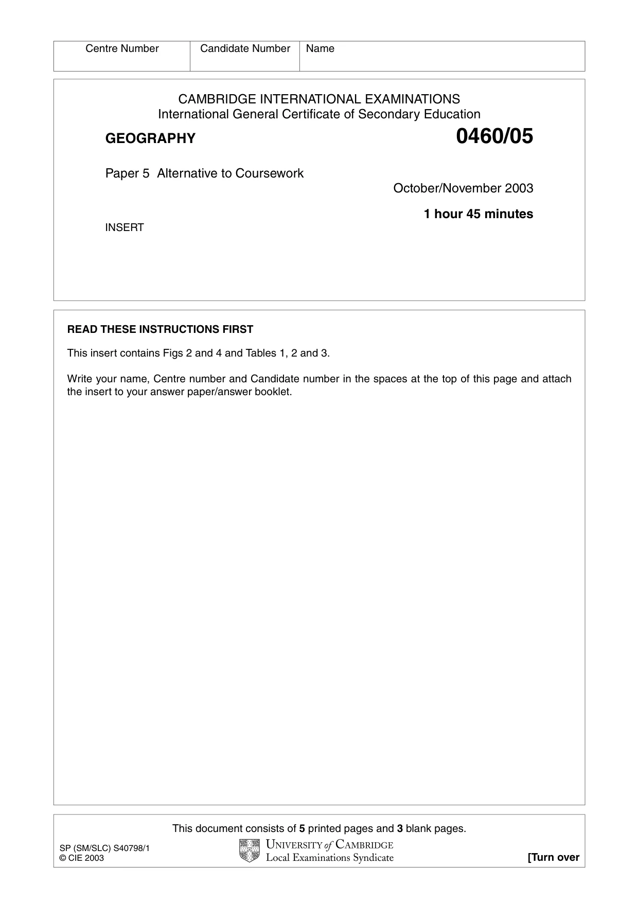 Cambridge IGCSE Geography 0460 2003 Oct/Nov Paper 5 · Variant 1 question paper, page 5 of 12