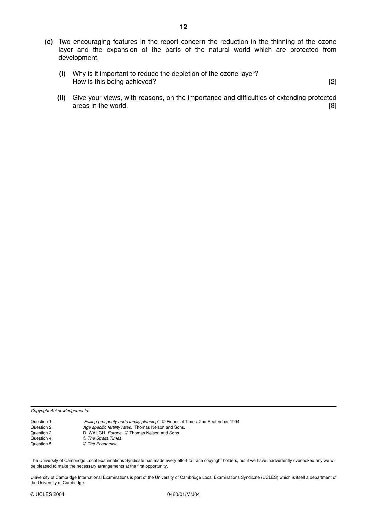 Cambridge IGCSE Geography 0460 2004 May/June Paper 1 · Variant 1 question paper, page 12 of 12