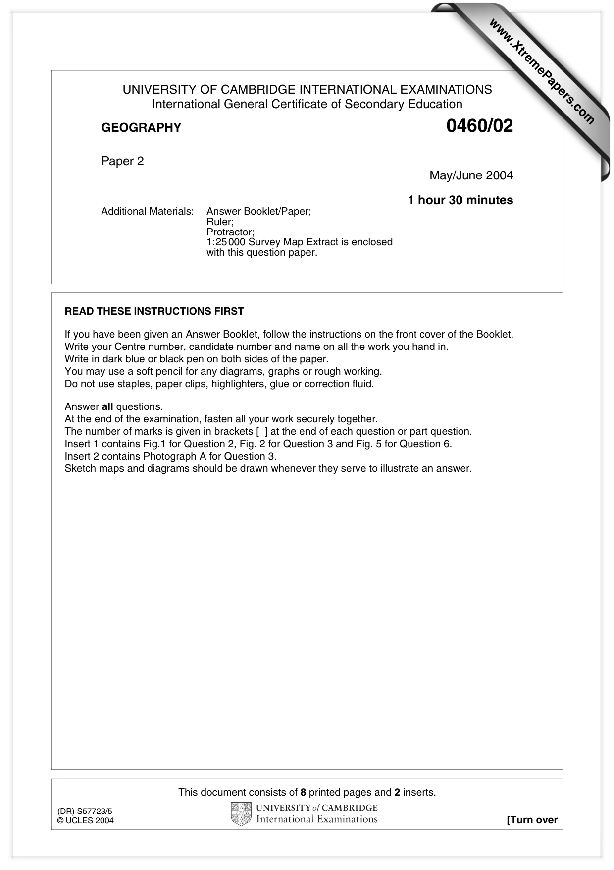 Cambridge IGCSE Geography 0460 2004 May/June Paper 2 · Variant 1 question paper, page 1 of 8