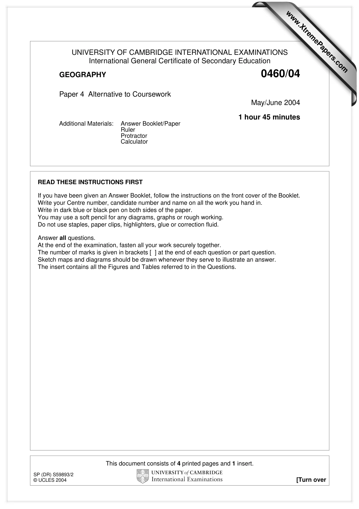 Cambridge IGCSE Geography 0460 2004 May/June Paper 4 · Variant 1 question paper, page 1 of 4