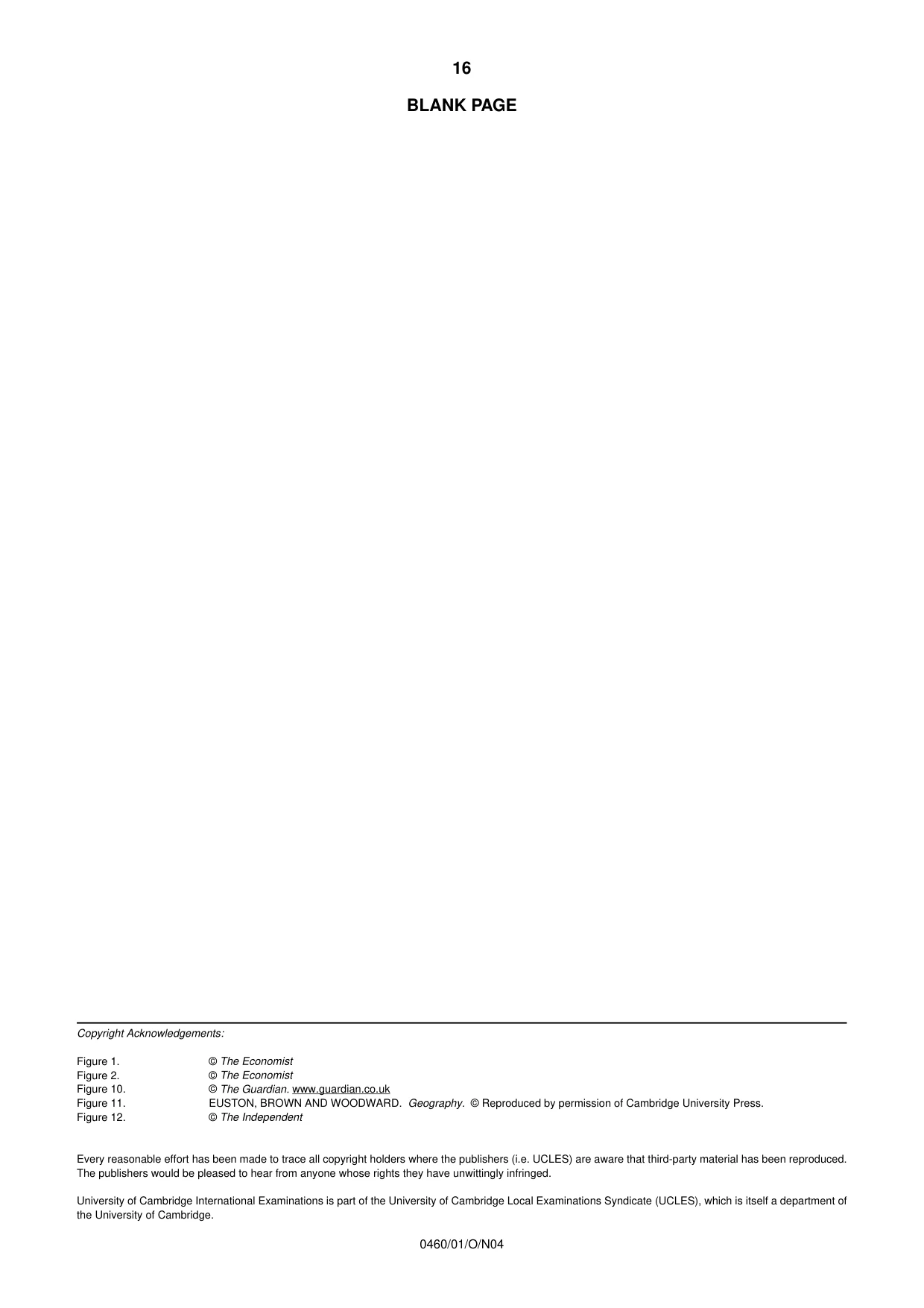 Cambridge IGCSE Geography 0460 2004 Oct/Nov Paper 1 · Variant 1 question paper, page 16 of 16