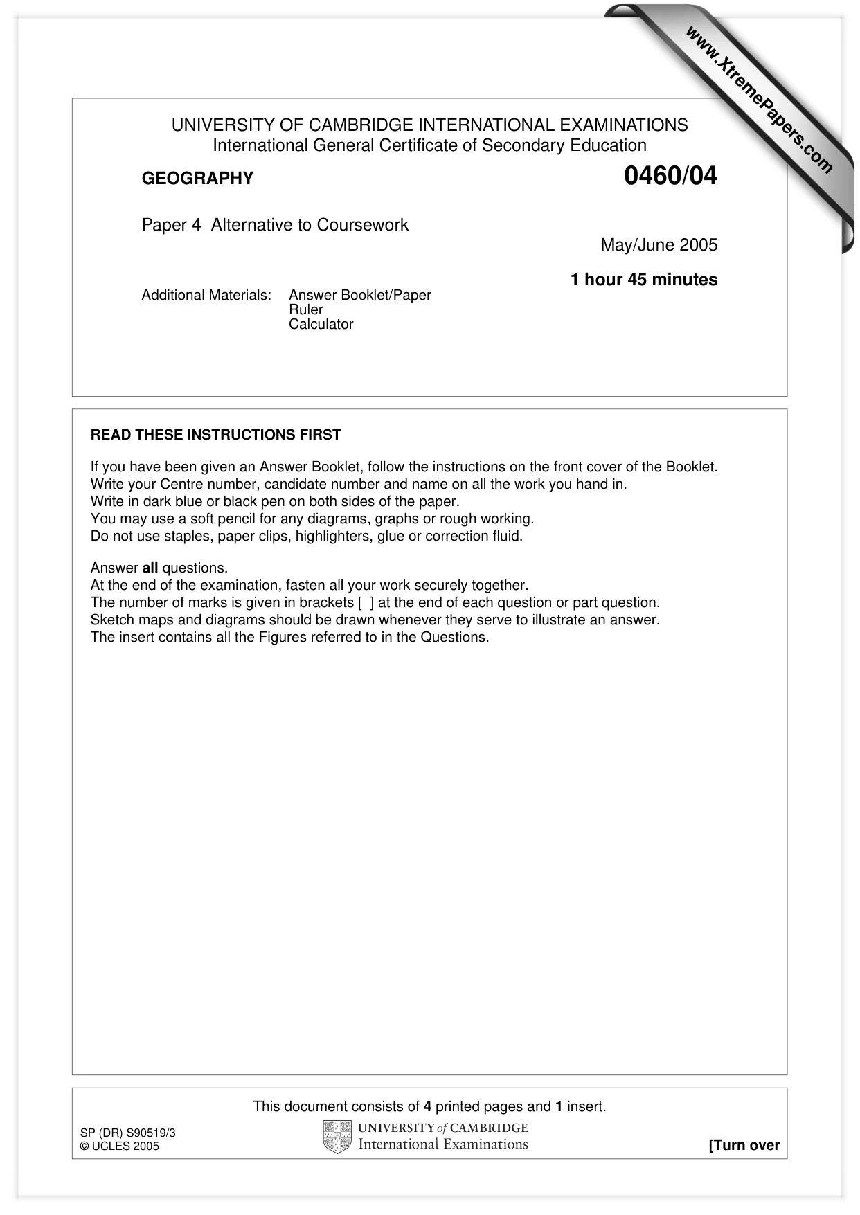 Cambridge IGCSE Geography 0460 2005 May/June Paper 4 · Variant 1 question paper, page 1 of 4