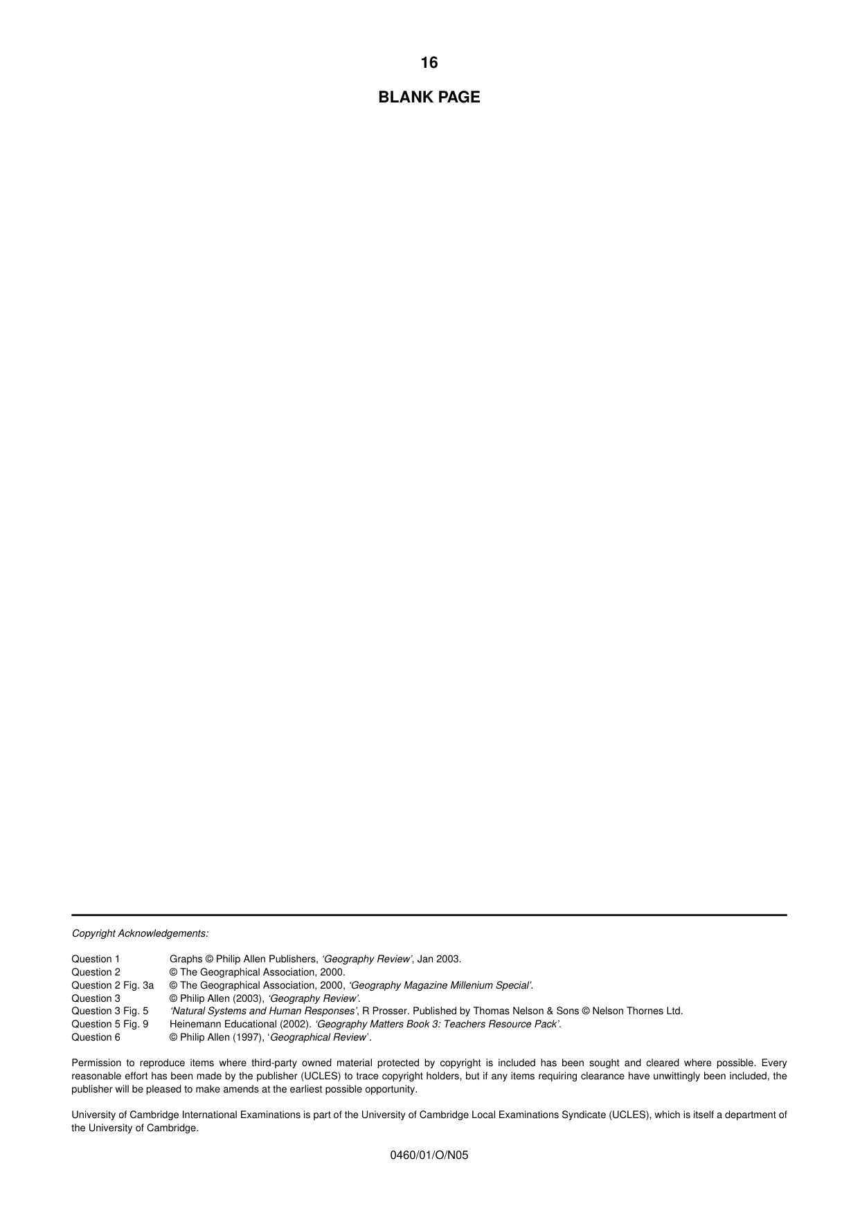 Cambridge IGCSE Geography 0460 2005 Oct/Nov Paper 1 · Variant 1 question paper, page 16 of 16