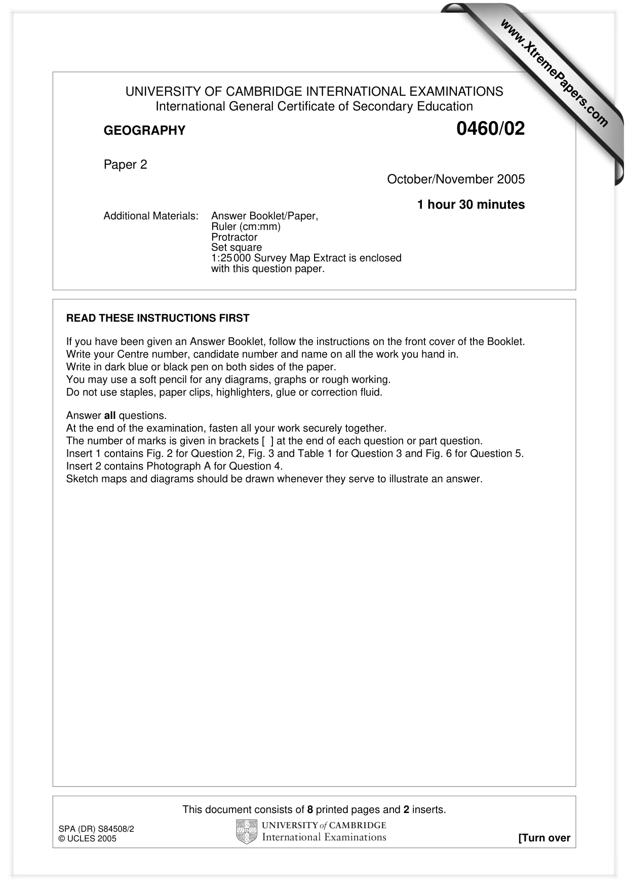 Cambridge IGCSE Geography 0460 2005 Oct/Nov Paper 2 · Variant 1 question paper, page 1 of 8