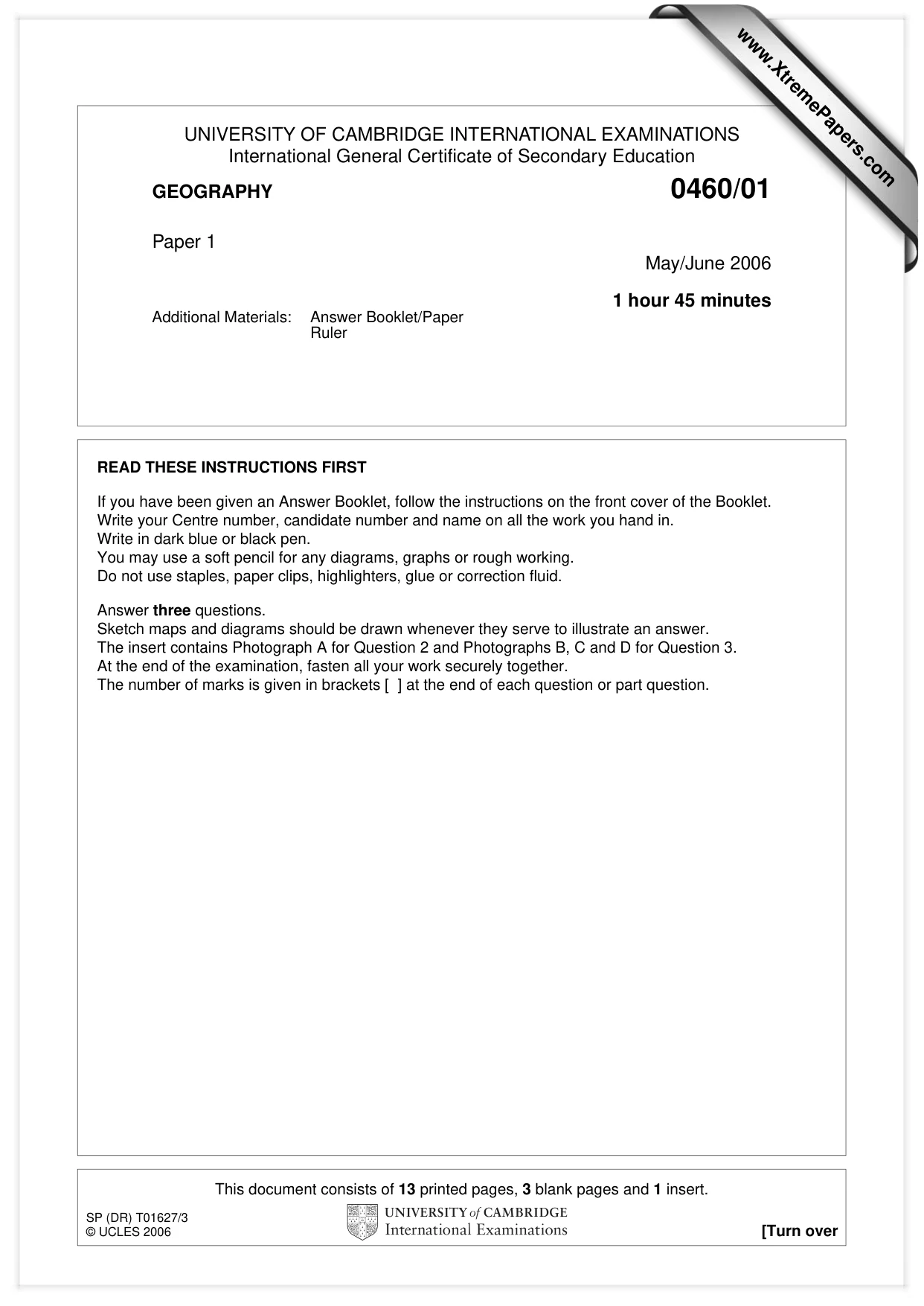Cambridge IGCSE Geography 0460 2006 May/June Paper 1 · Variant 1 question paper, page 1 of 16
