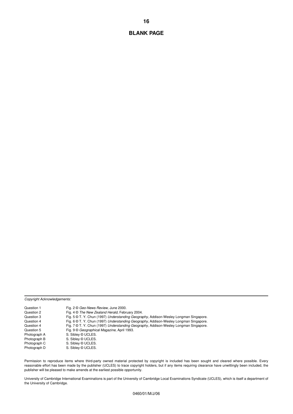 Cambridge IGCSE Geography 0460 2006 May/June Paper 1 · Variant 1 question paper, page 16 of 16