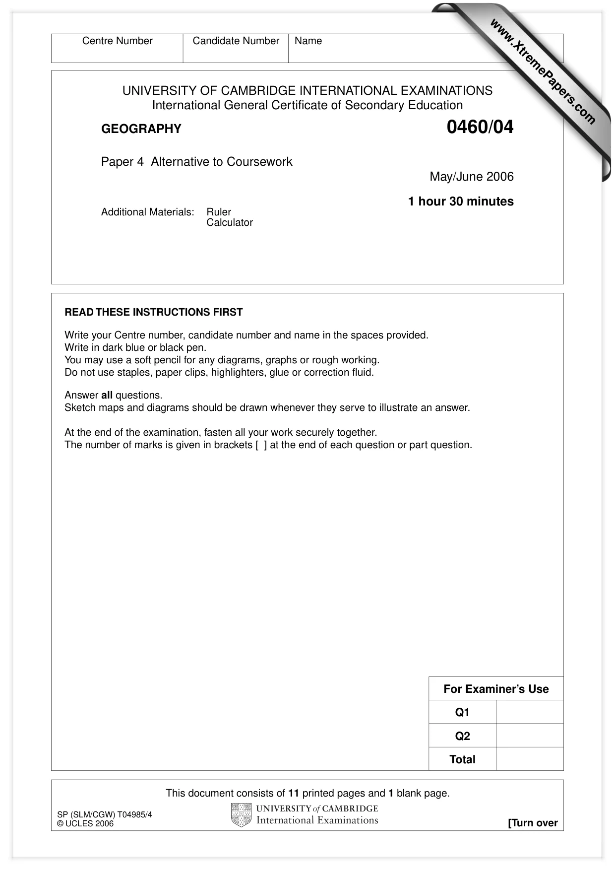 Cambridge IGCSE Geography 0460 2006 May/June Paper 4 · Variant 1 question paper, page 1 of 12