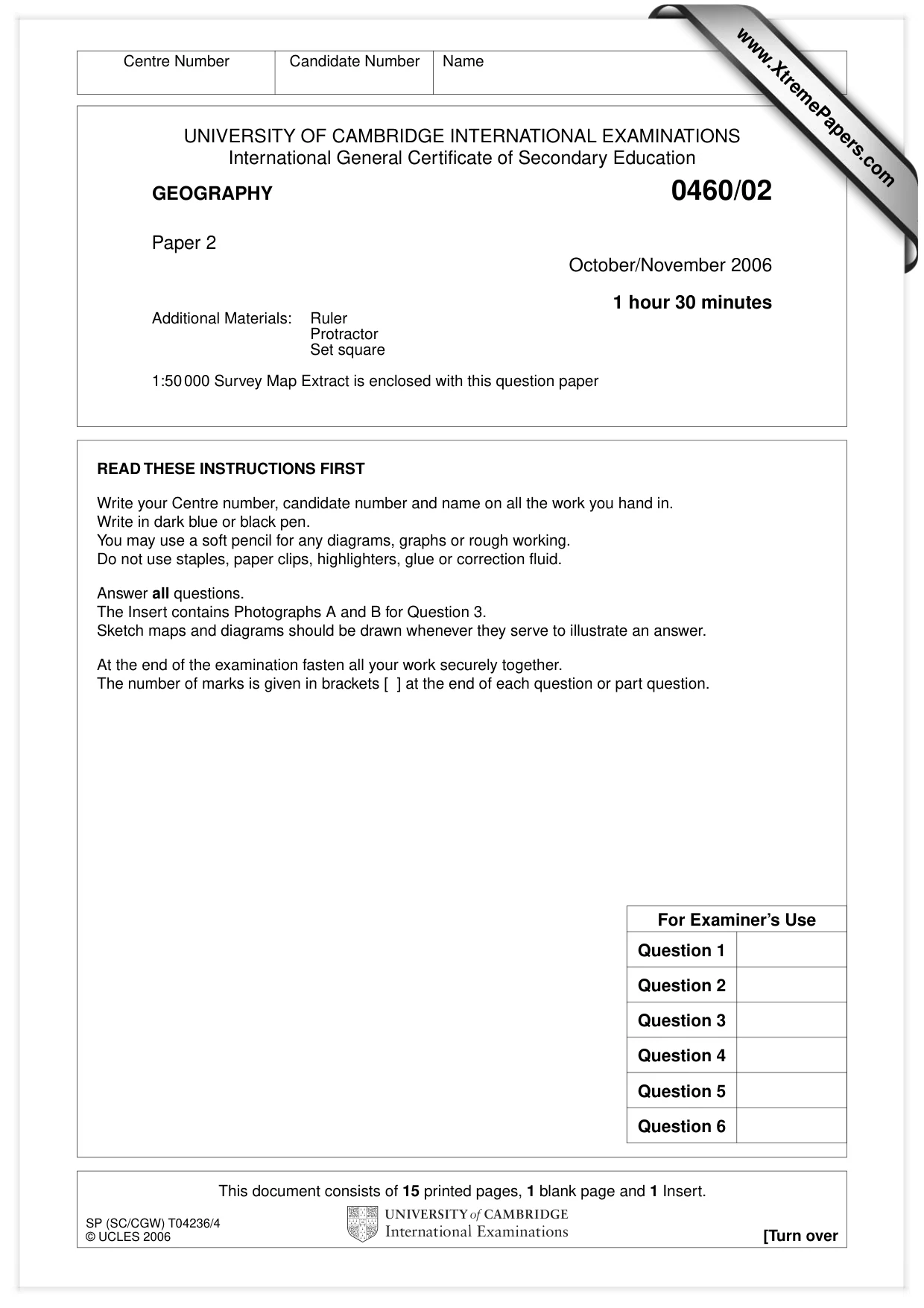 Cambridge IGCSE Geography 0460 2006 Oct/Nov Paper 2 · Variant 1 question paper, page 1 of 16