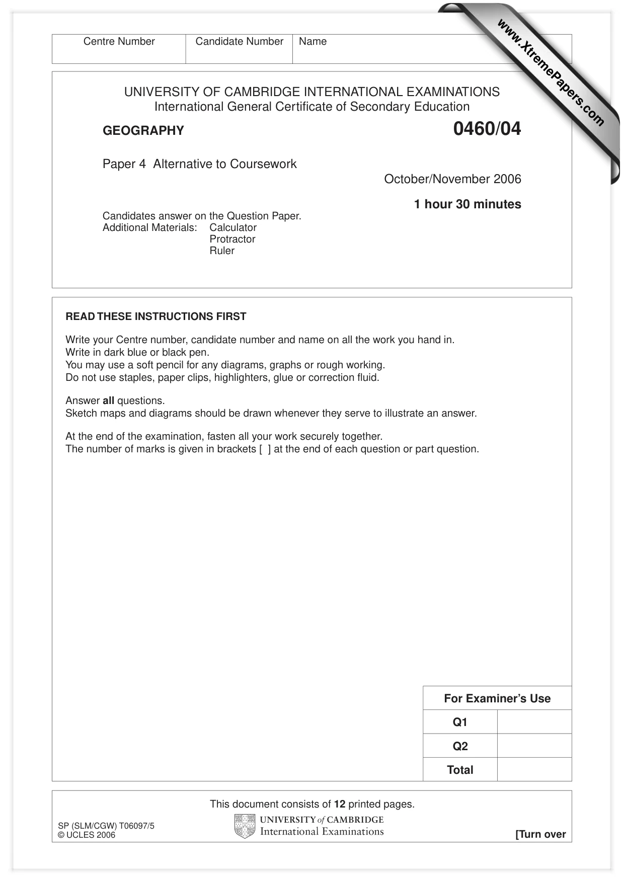 Cambridge IGCSE Geography 0460 2006 Oct/Nov Paper 4 · Variant 1 question paper, page 1 of 12