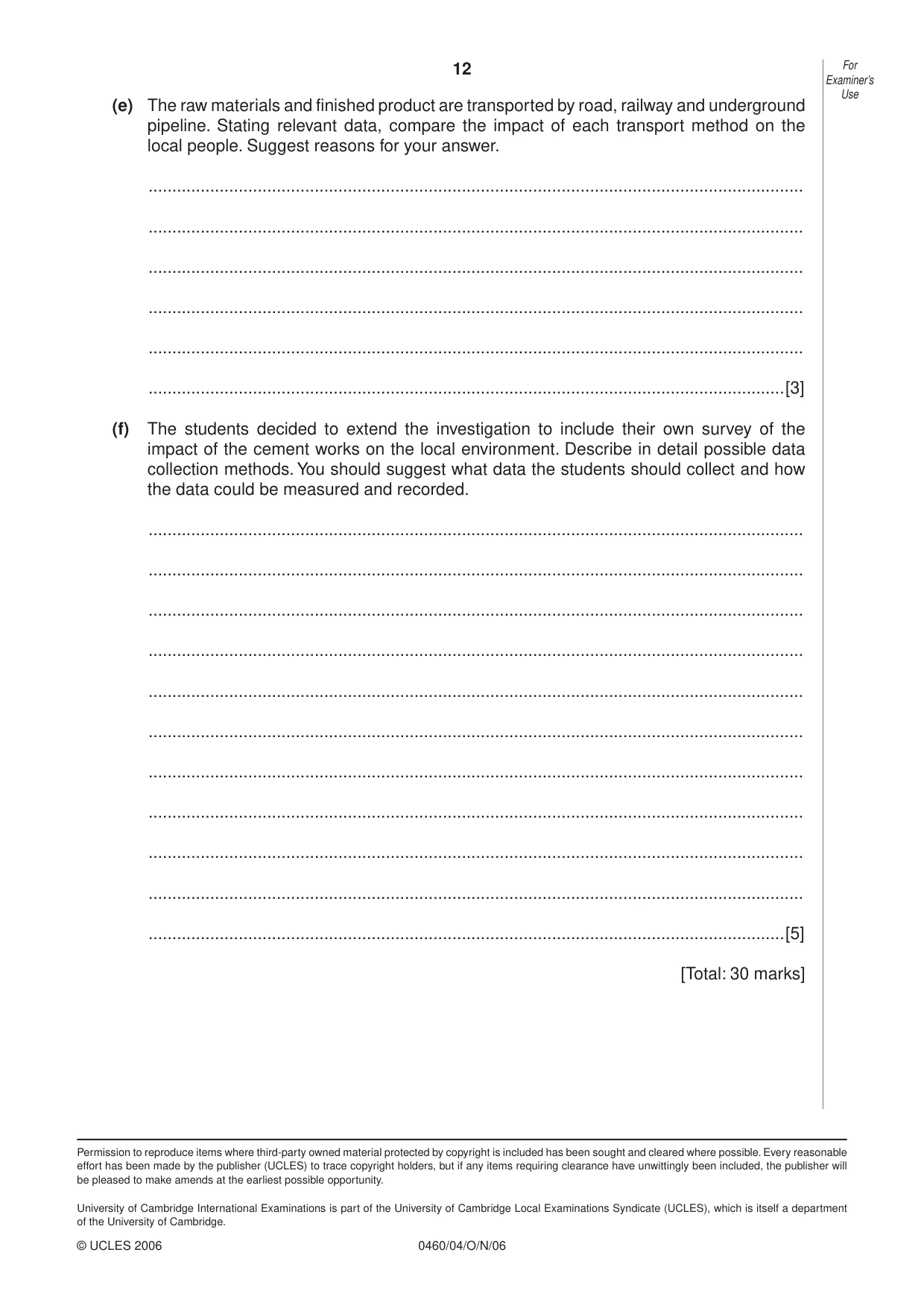 Cambridge IGCSE Geography 0460 2006 Oct/Nov Paper 4 · Variant 1 question paper, page 12 of 12