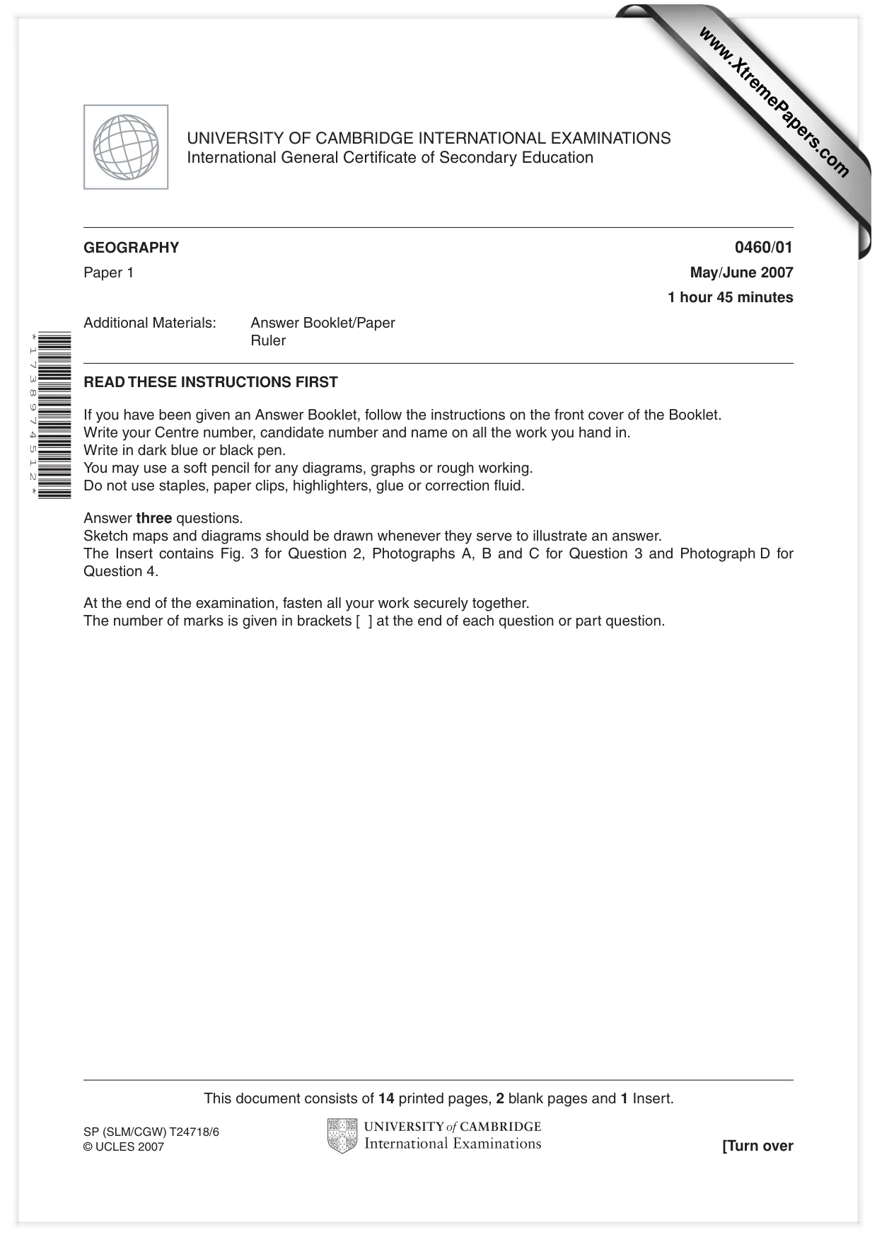 Cambridge IGCSE Geography 0460 2007 May/June Paper 1 · Variant 1 question paper, page 1 of 16