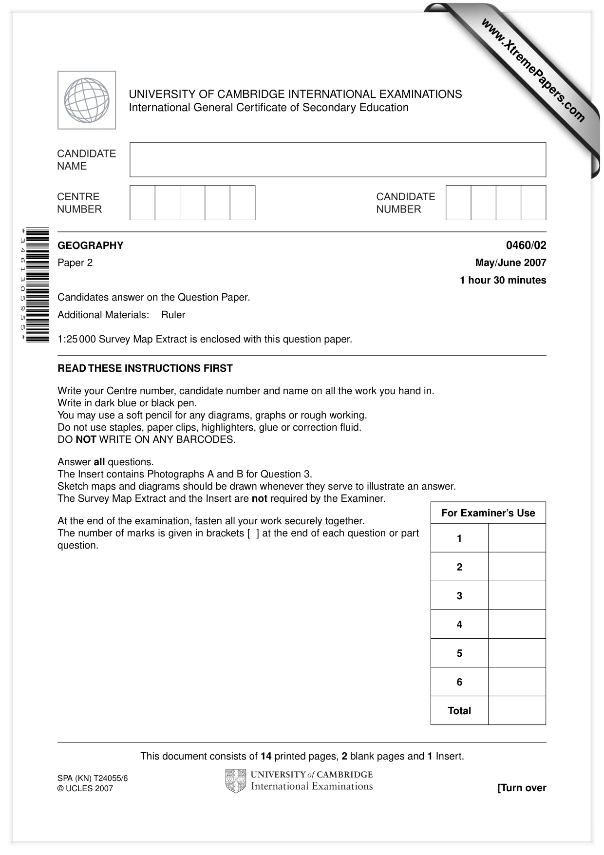 Cambridge IGCSE Geography 0460 2007 May/June Paper 2 · Variant 1 question paper, page 1 of 16