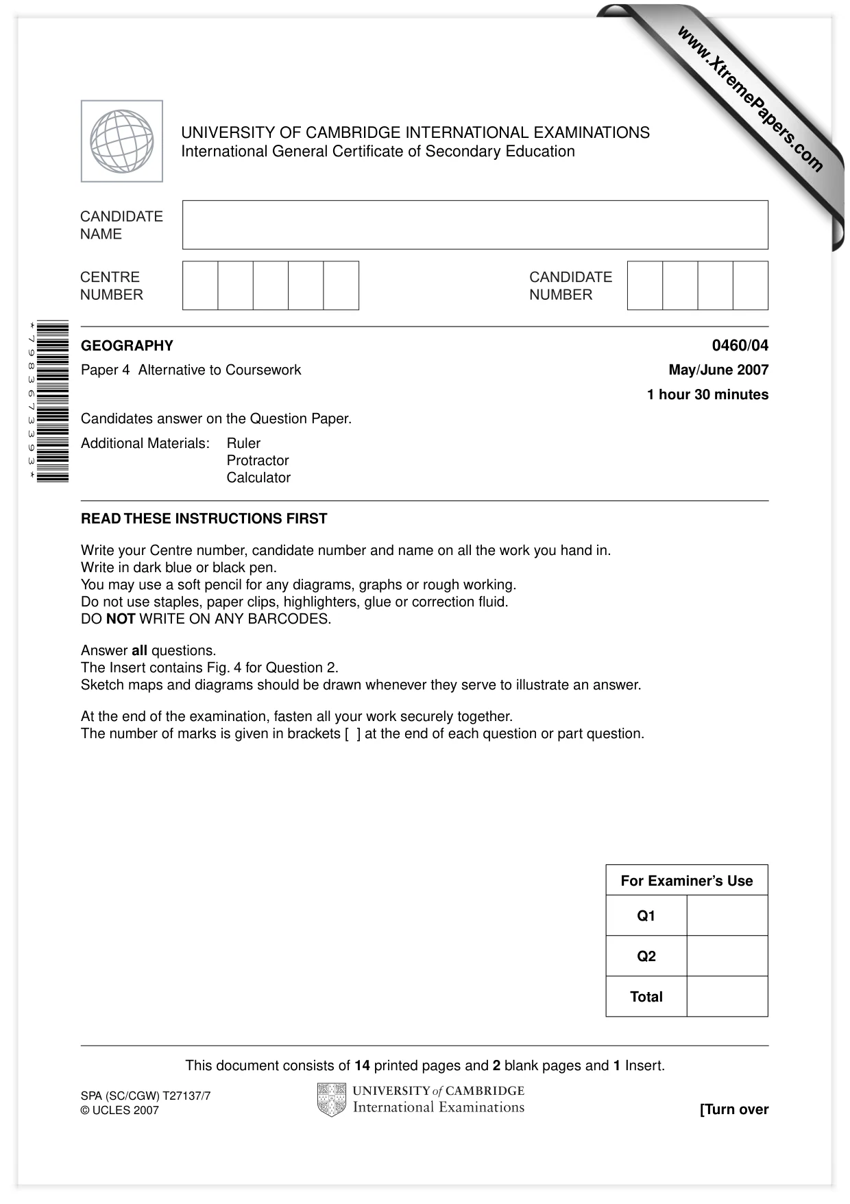 Cambridge IGCSE Geography 0460 2007 May/June Paper 4 · Variant 1 question paper, page 1 of 16