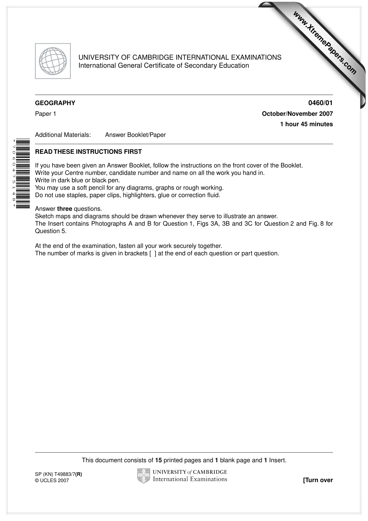 Cambridge IGCSE Geography 0460 2007 Oct/Nov Paper 1 · Variant 1 question paper, page 1 of 16