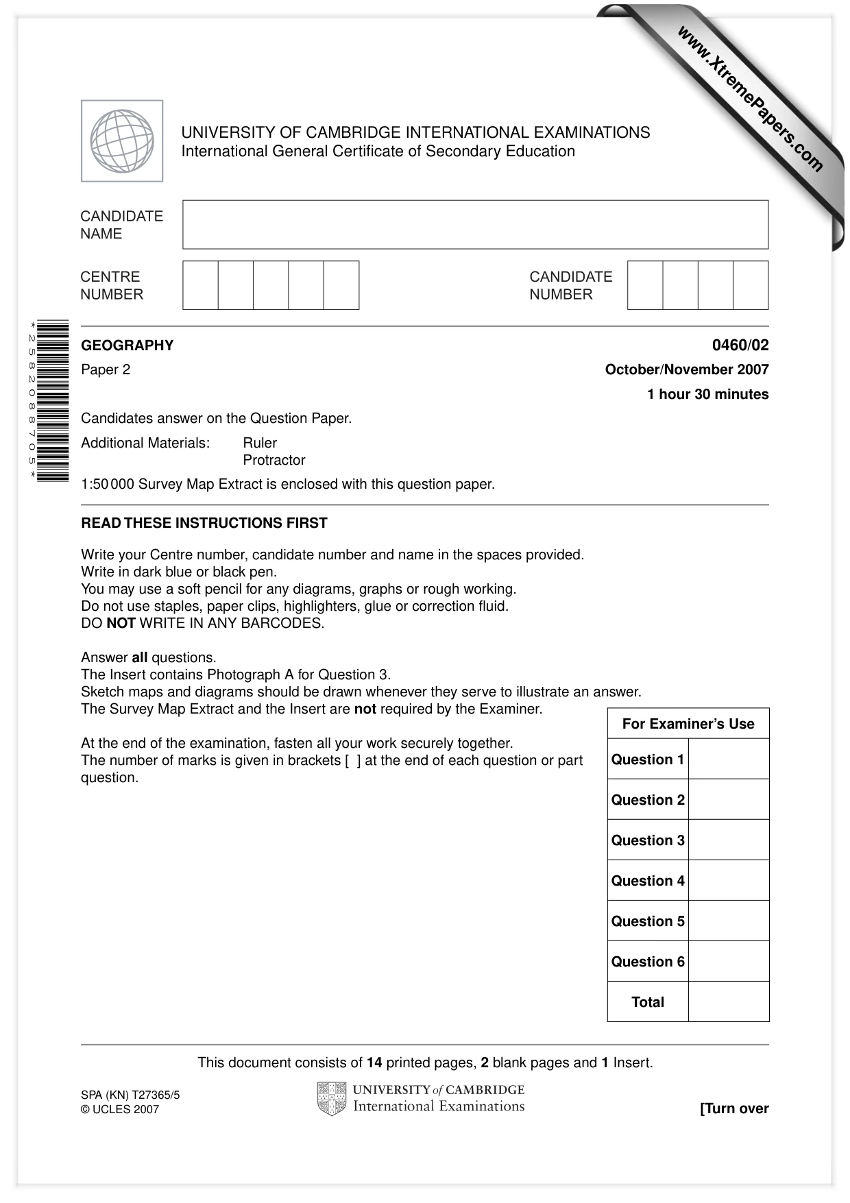 Cambridge IGCSE Geography 0460 2007 Oct/Nov Paper 2 · Variant 1 question paper, page 1 of 16