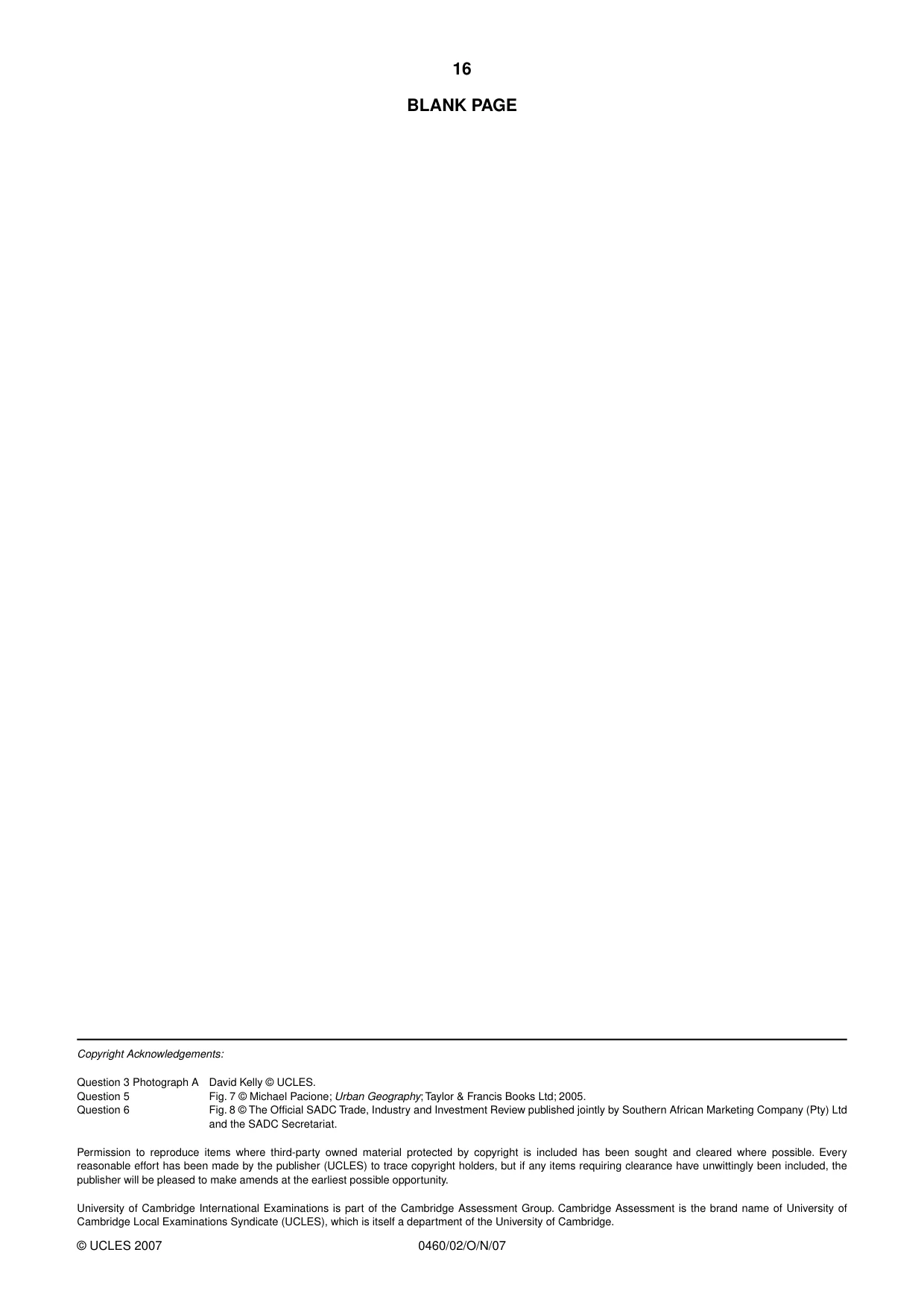 Cambridge IGCSE Geography 0460 2007 Oct/Nov Paper 2 · Variant 1 question paper, page 16 of 16