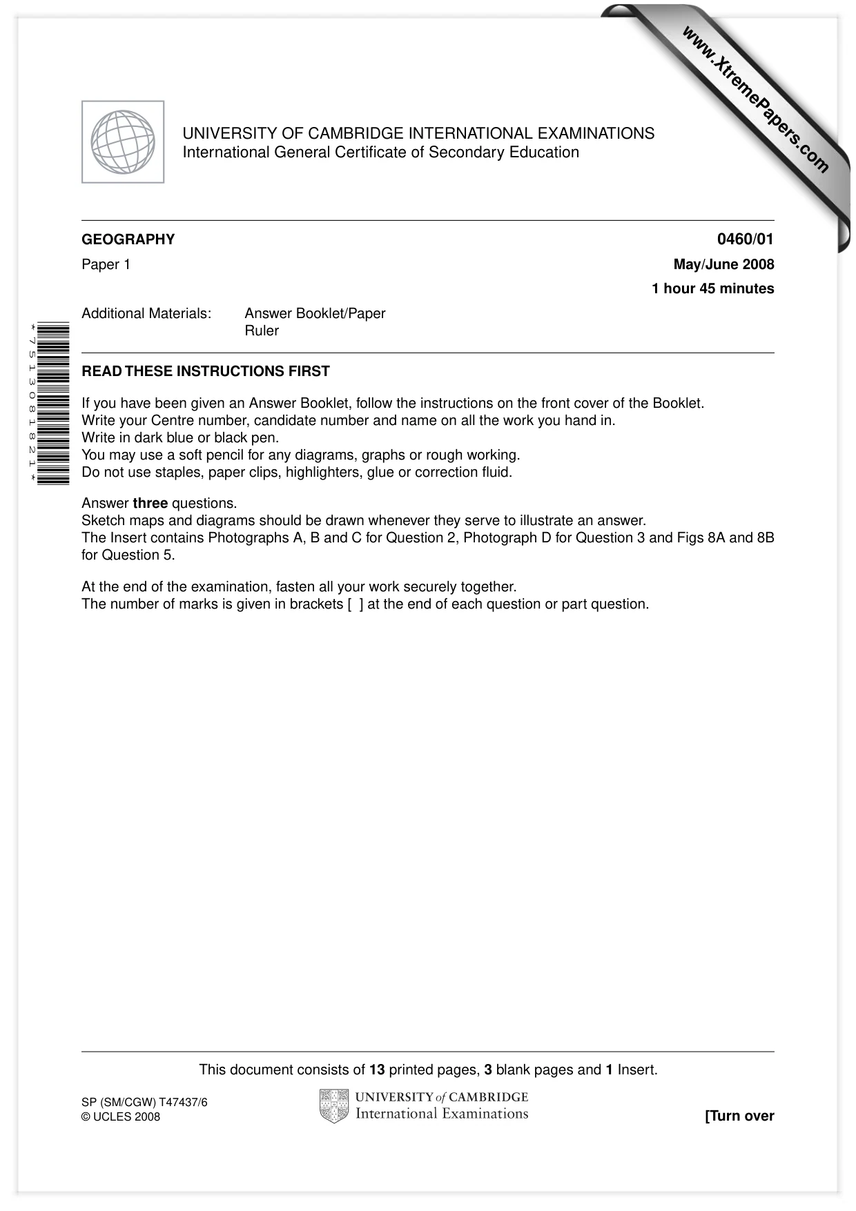 Cambridge IGCSE Geography 0460 2008 May/June Paper 1 · Variant 1 question paper, page 1 of 16
