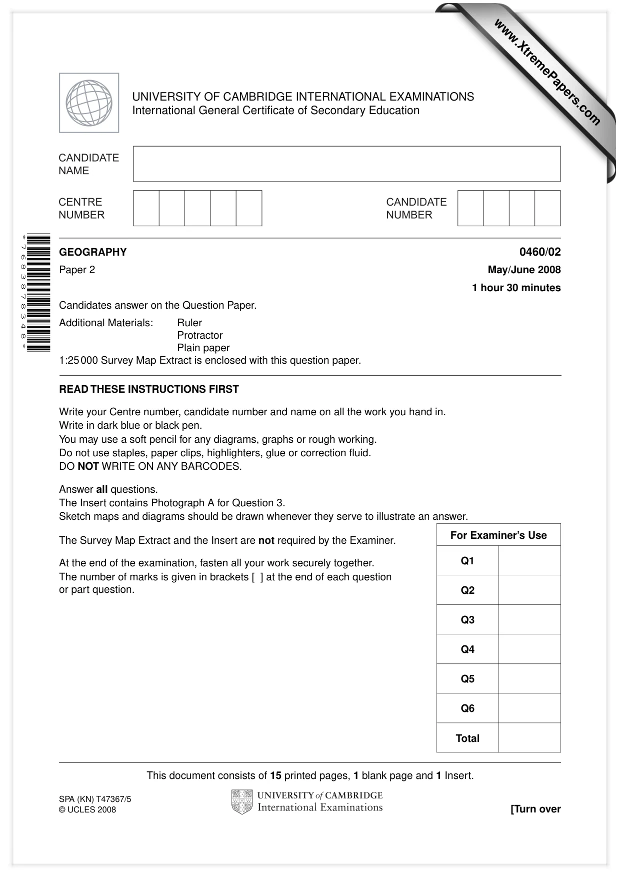 Cambridge IGCSE Geography 0460 2008 May/June Paper 2 · Variant 1 question paper, page 1 of 16