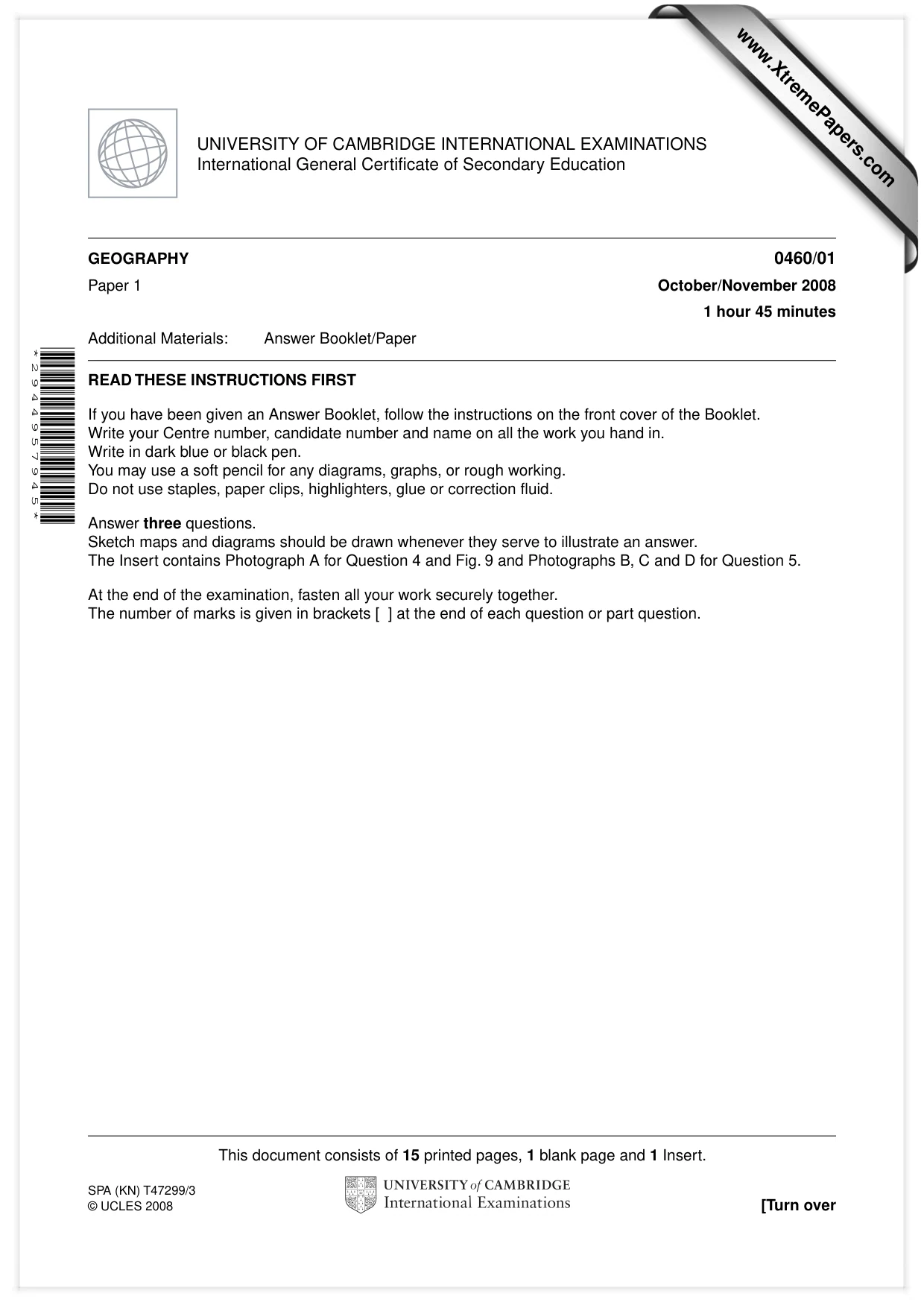 Cambridge IGCSE Geography 0460 2008 Oct/Nov Paper 1 · Variant 1 question paper, page 1 of 16