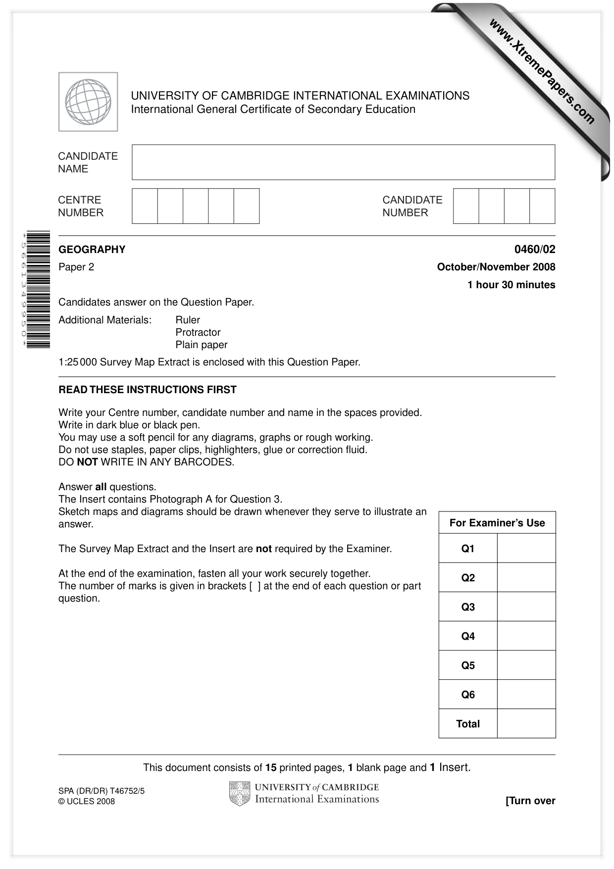 Cambridge IGCSE Geography 0460 2008 Oct/Nov Paper 2 · Variant 1 question paper, page 1 of 16