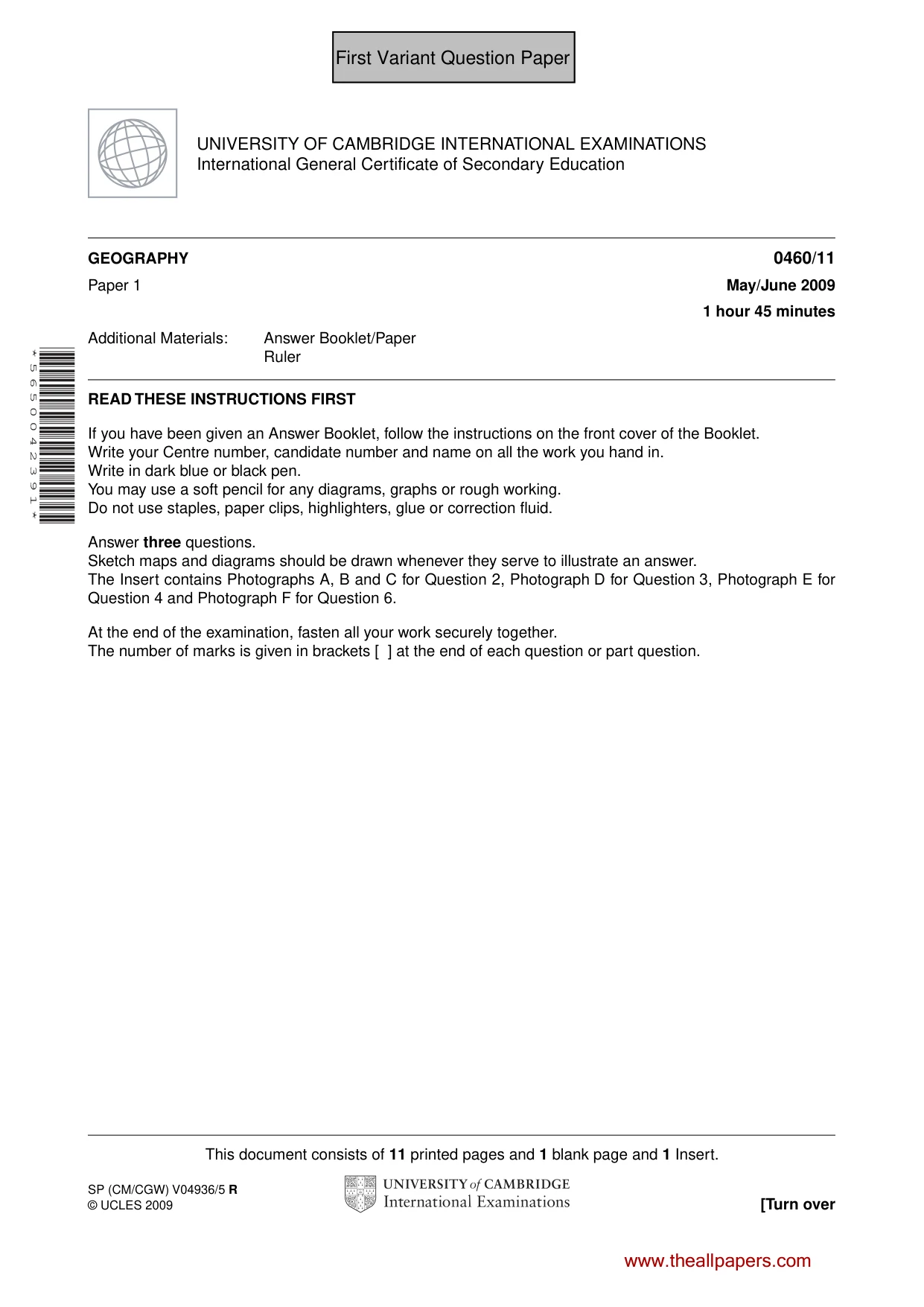Cambridge IGCSE Geography 0460 2009 May/June Paper 1 · Variant 1 question paper, page 2 of 29