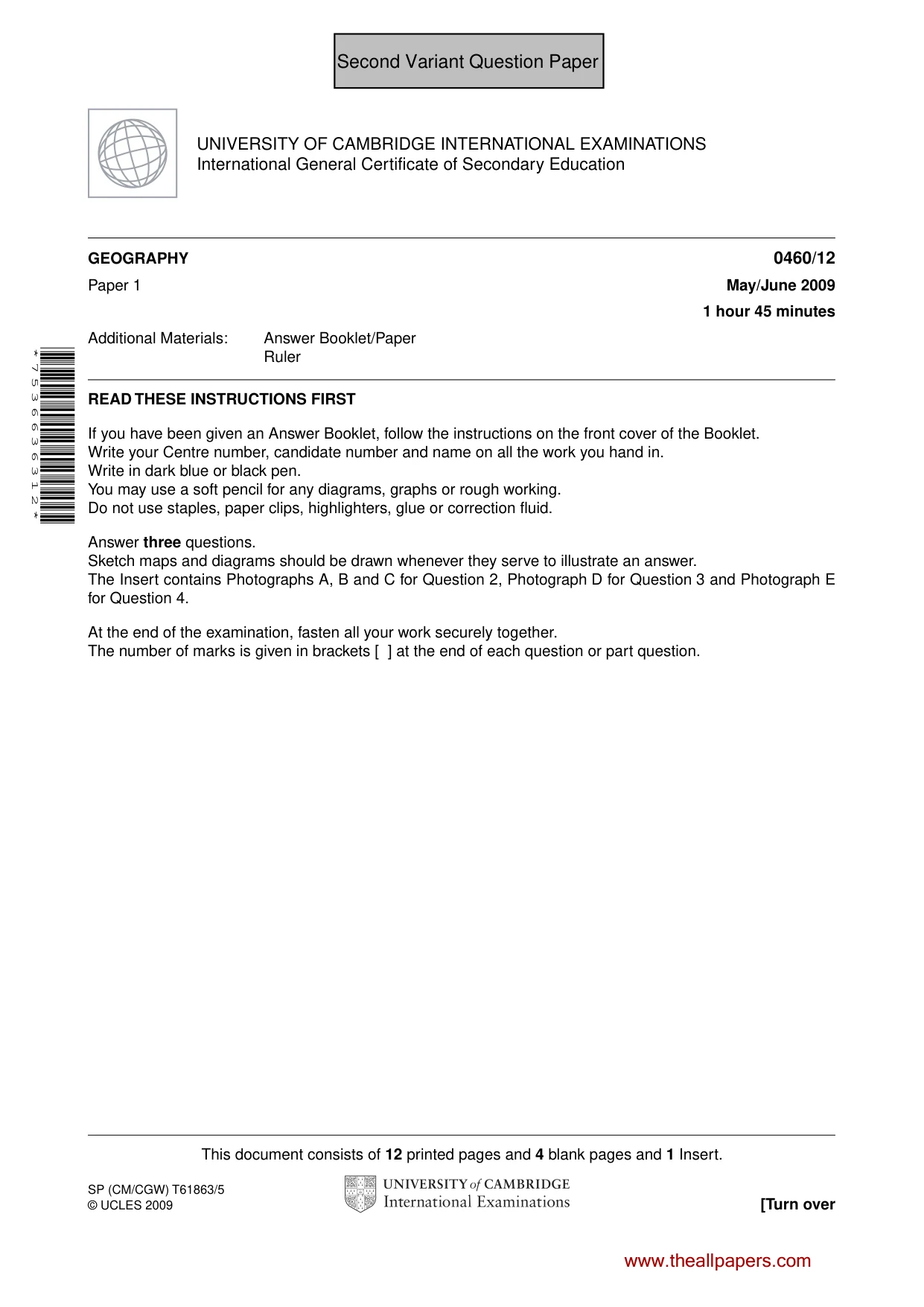 Cambridge IGCSE Geography 0460 2009 May/June Paper 1 · Variant 1 question paper, page 14 of 29
