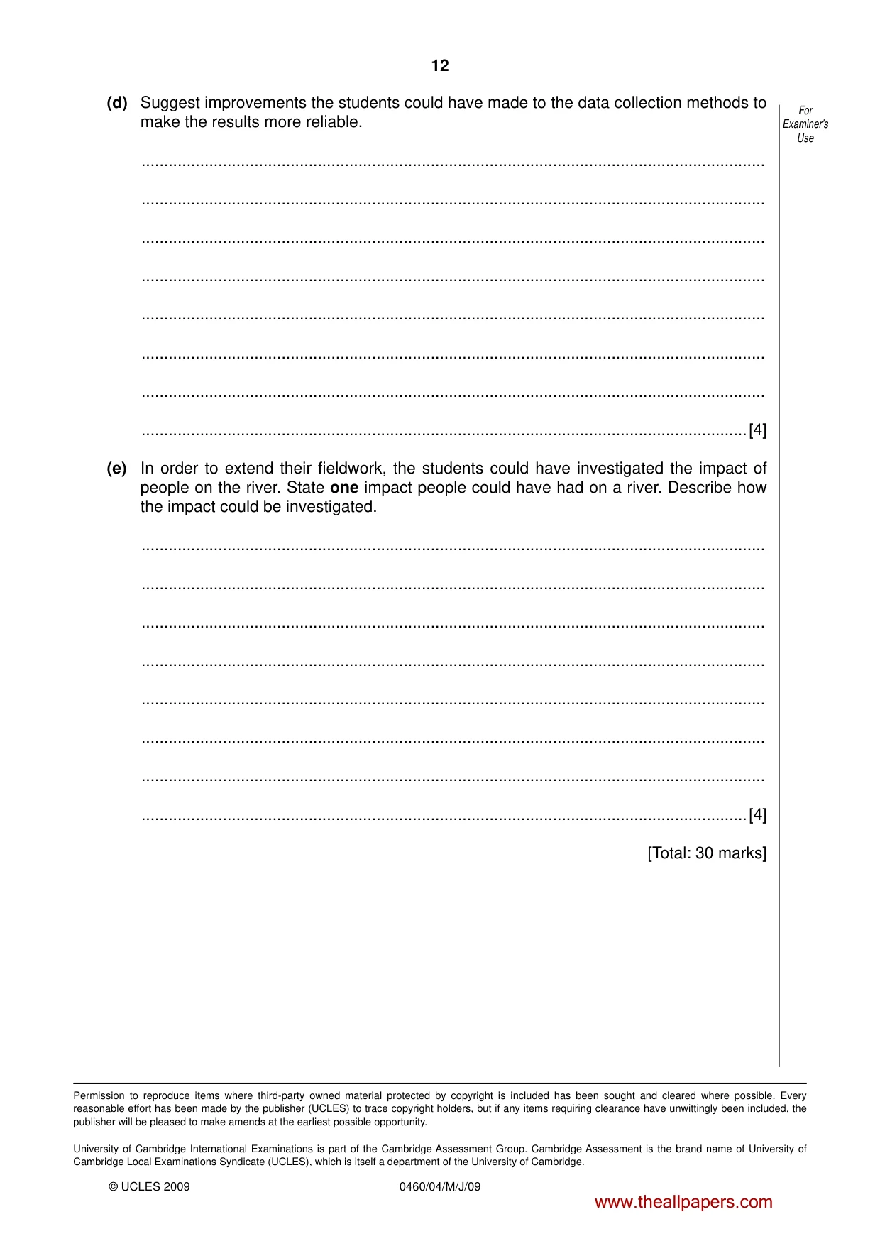 Cambridge IGCSE Geography 0460 2009 May/June Paper 4 · Variant 1 question paper, page 12 of 12