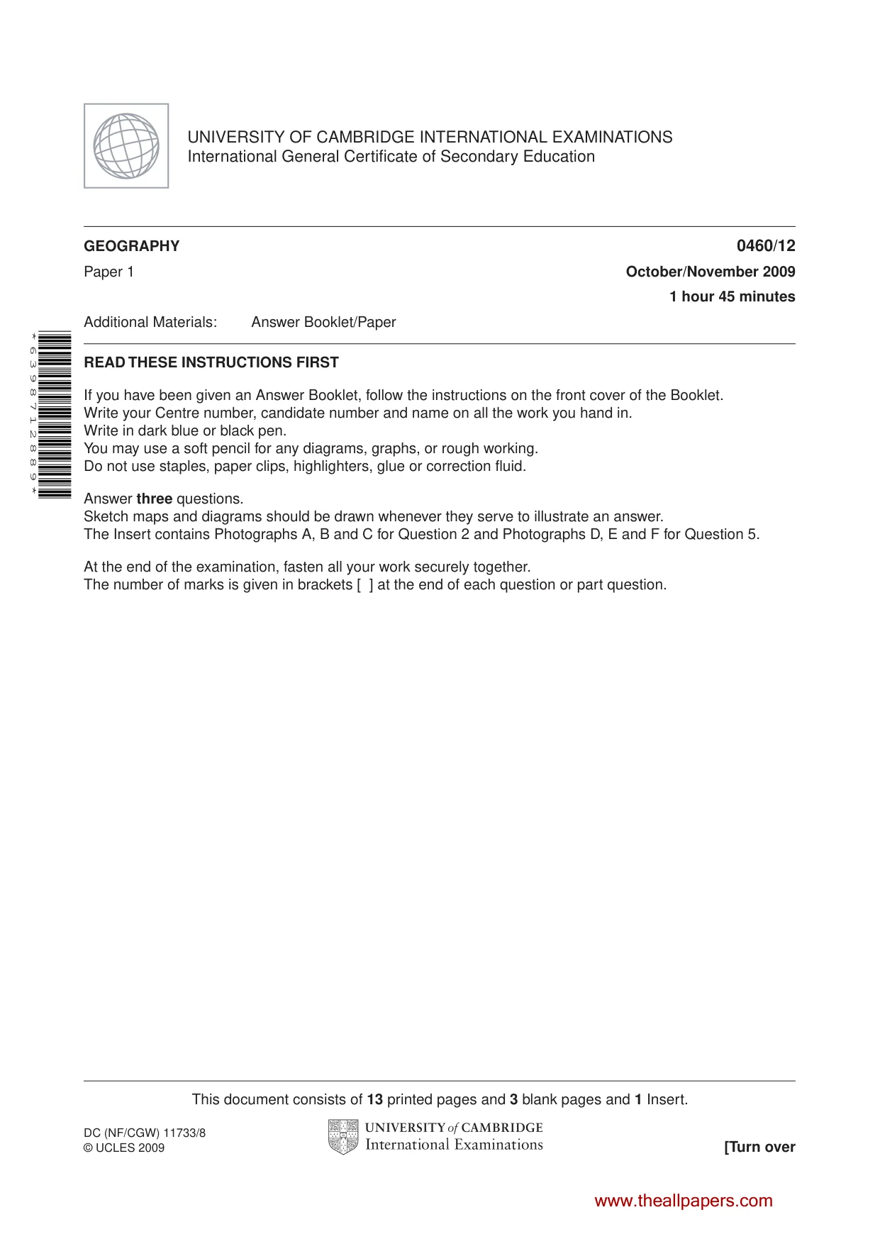 Cambridge IGCSE Geography 0460 2009 Oct/Nov Paper 1 · Variant 2 question paper, page 1 of 16