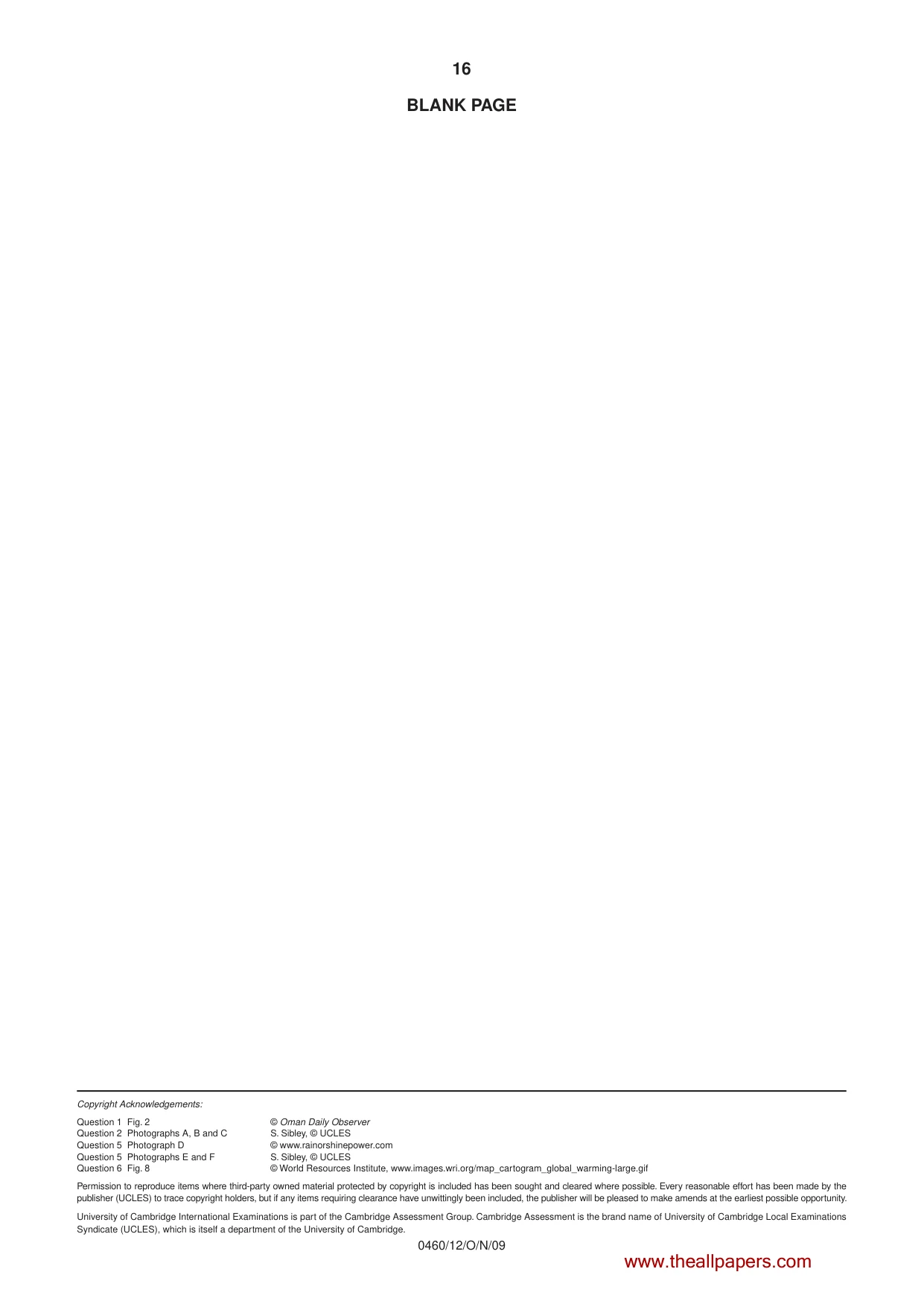 Cambridge IGCSE Geography 0460 2009 Oct/Nov Paper 1 · Variant 2 question paper, page 16 of 16