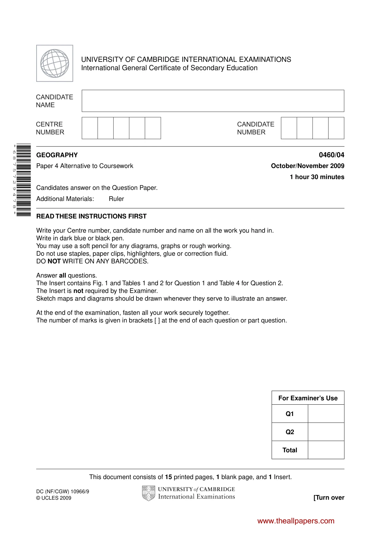 Cambridge IGCSE Geography 0460 2009 Oct/Nov Paper 4 · Variant 1 question paper, page 1 of 16