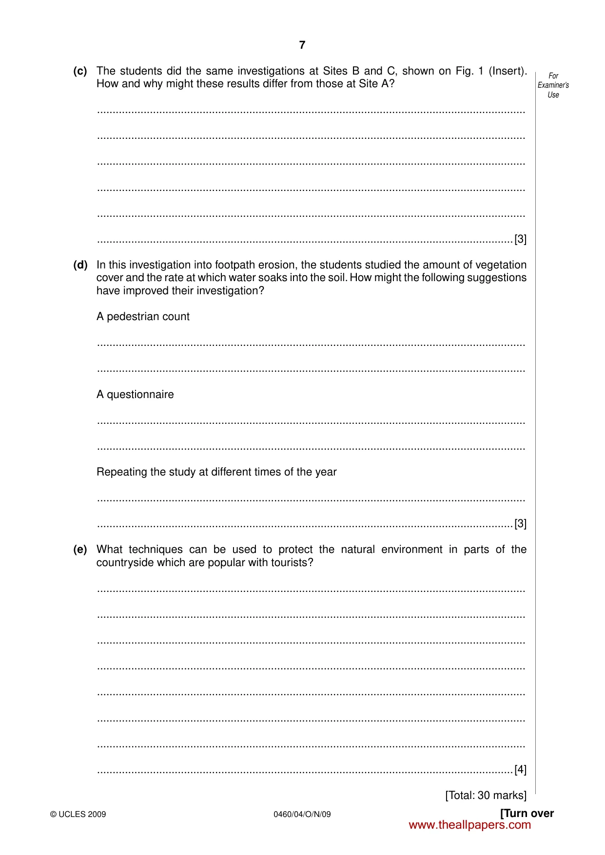 Cambridge IGCSE Geography 0460 2009 Oct/Nov Paper 4 · Variant 1 question paper, page 7 of 16