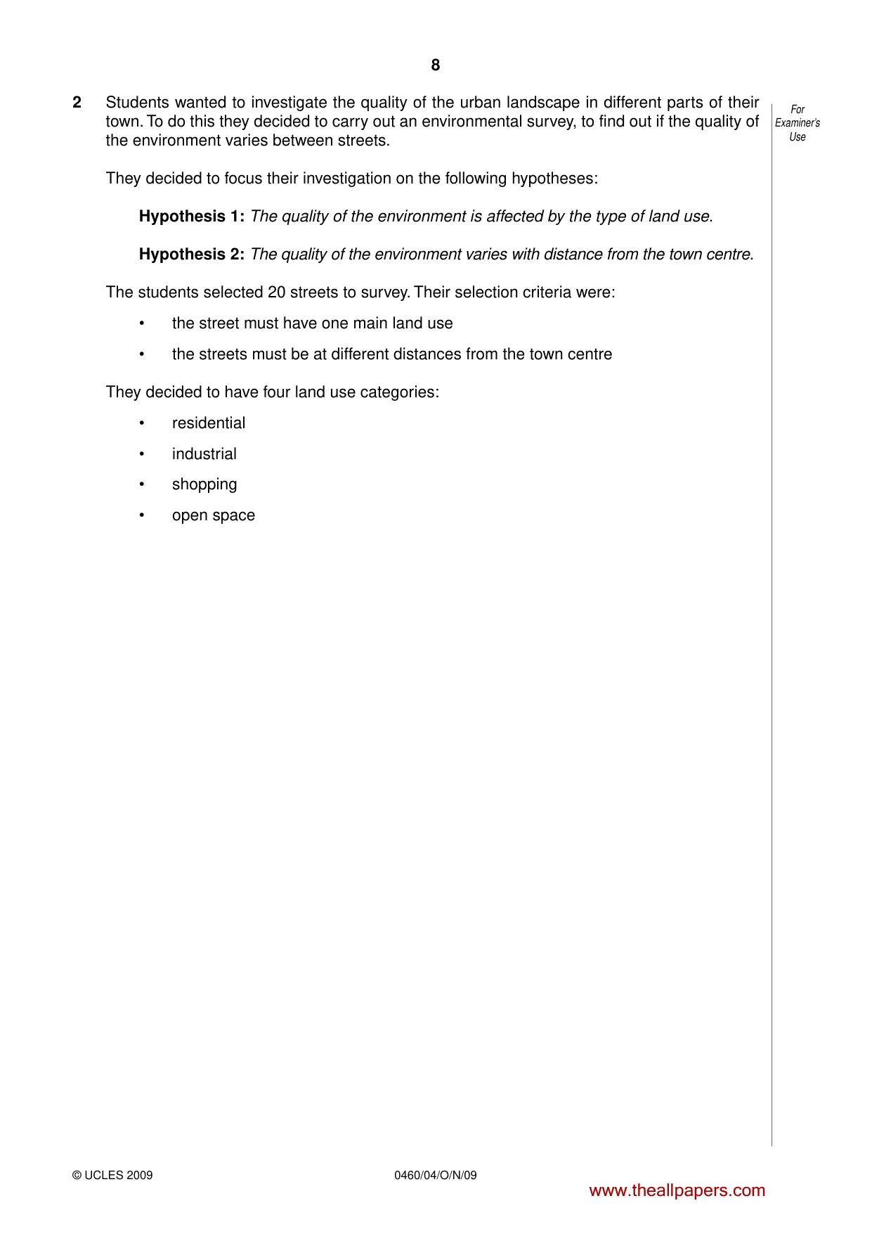 Cambridge IGCSE Geography 0460 2009 Oct/Nov Paper 4 · Variant 1 question paper, page 8 of 16