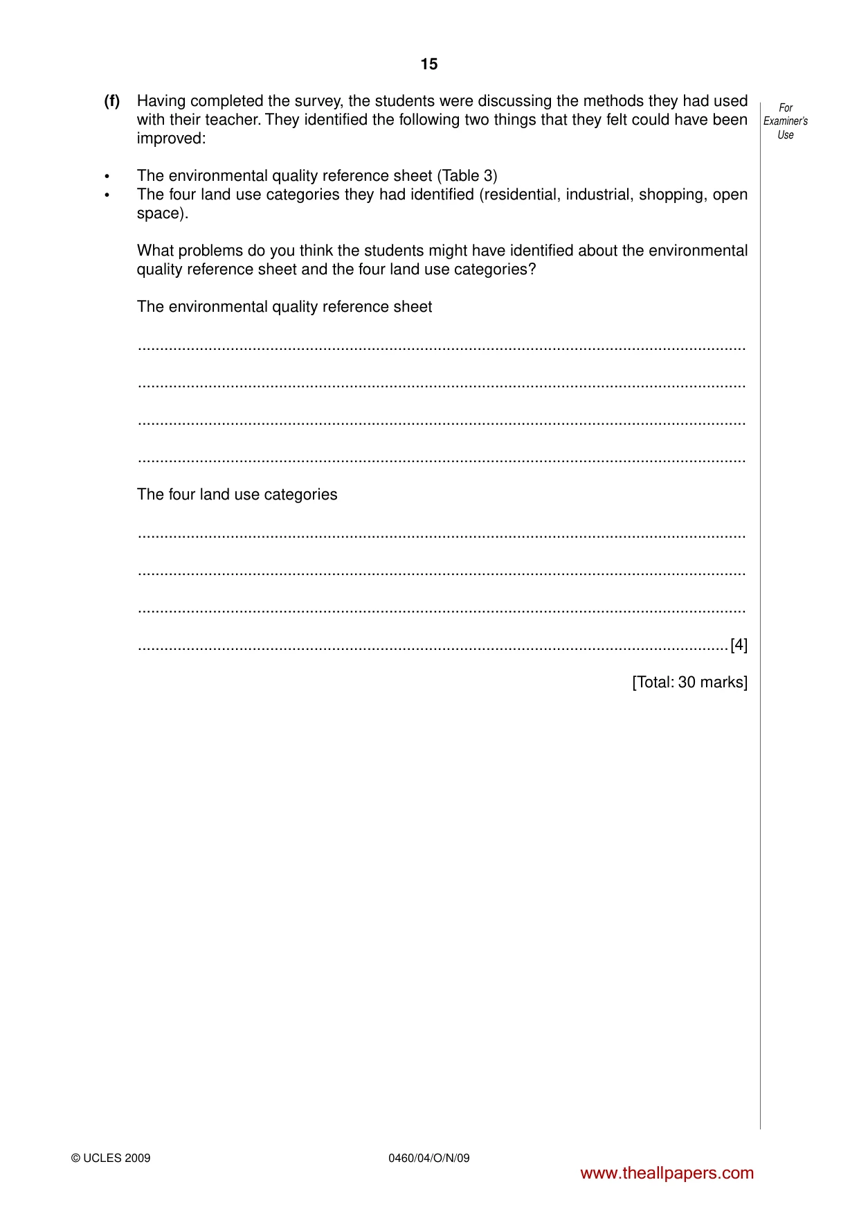 Cambridge IGCSE Geography 0460 2009 Oct/Nov Paper 4 · Variant 1 question paper, page 15 of 16