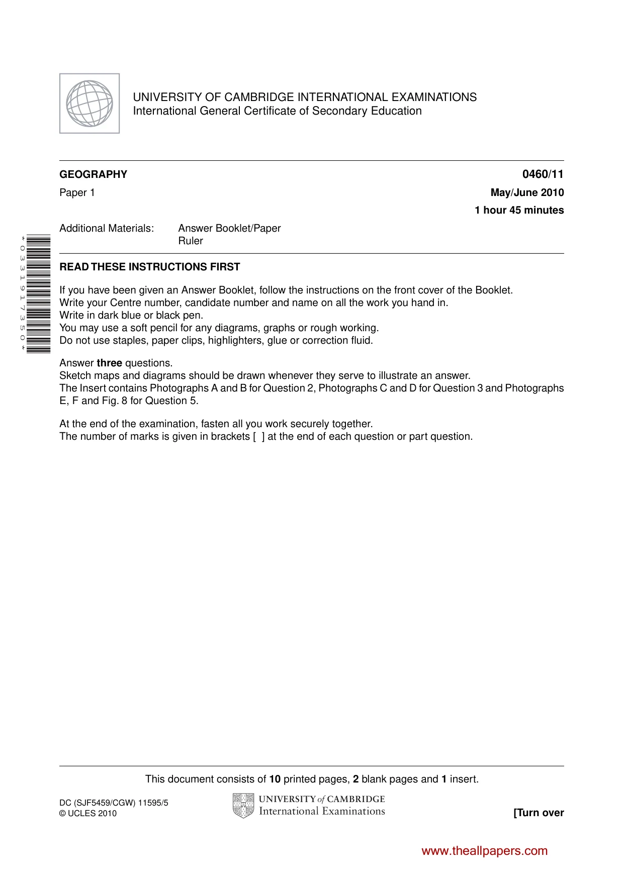 Cambridge IGCSE Geography 0460 2010 May/June Paper 1 · Variant 1 question paper, page 1 of 12